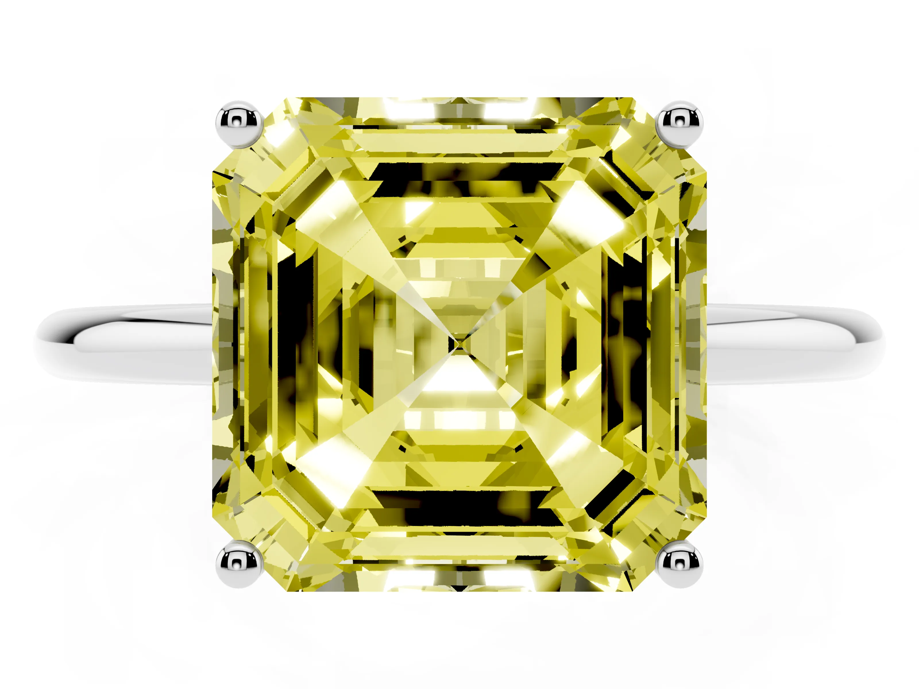 Fancy Yellow Asscher Cut Diamond Solitaire Engagement Ring Set in Platinum with Thin Band and Prong Setting