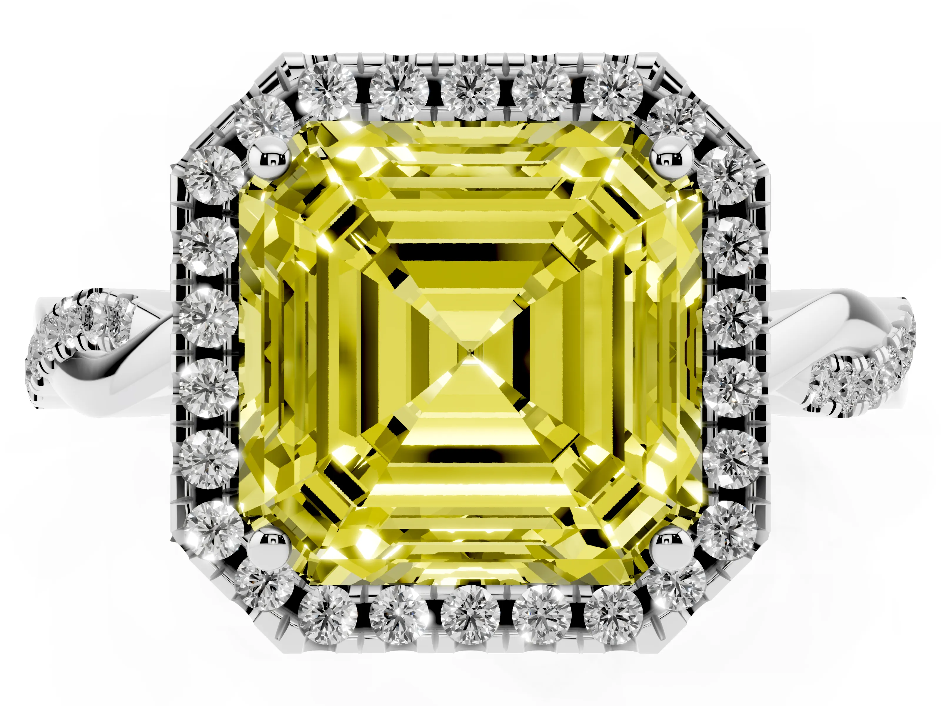 Fancy Yellow Asscher Cut Diamond Halo Twisted Band Ring Set in Platinum with Prong Setting