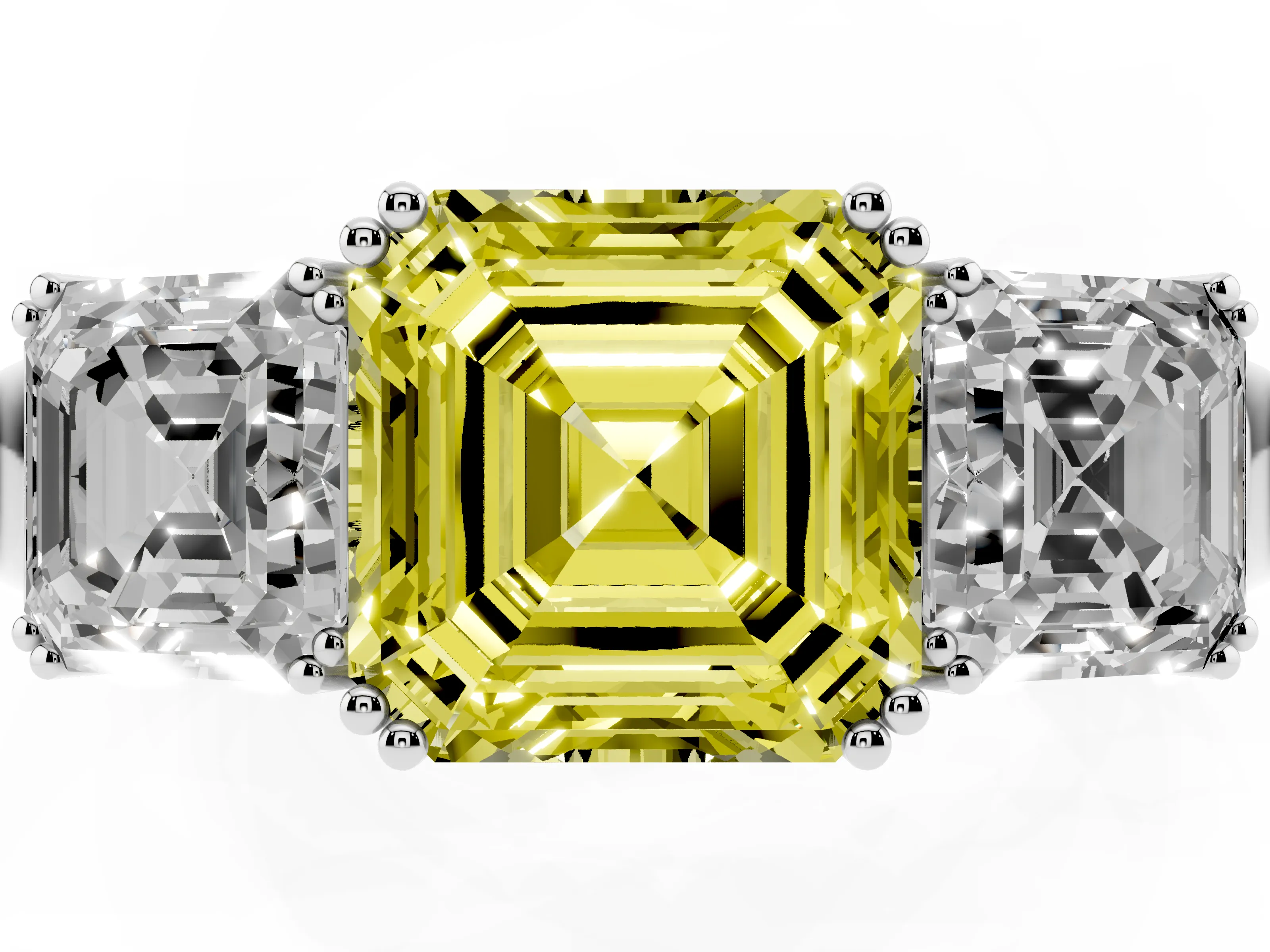 Fancy Yellow Asscher Cut Diamond Three-Stone Ring Set in Silver with Polished Band and Prong Setting