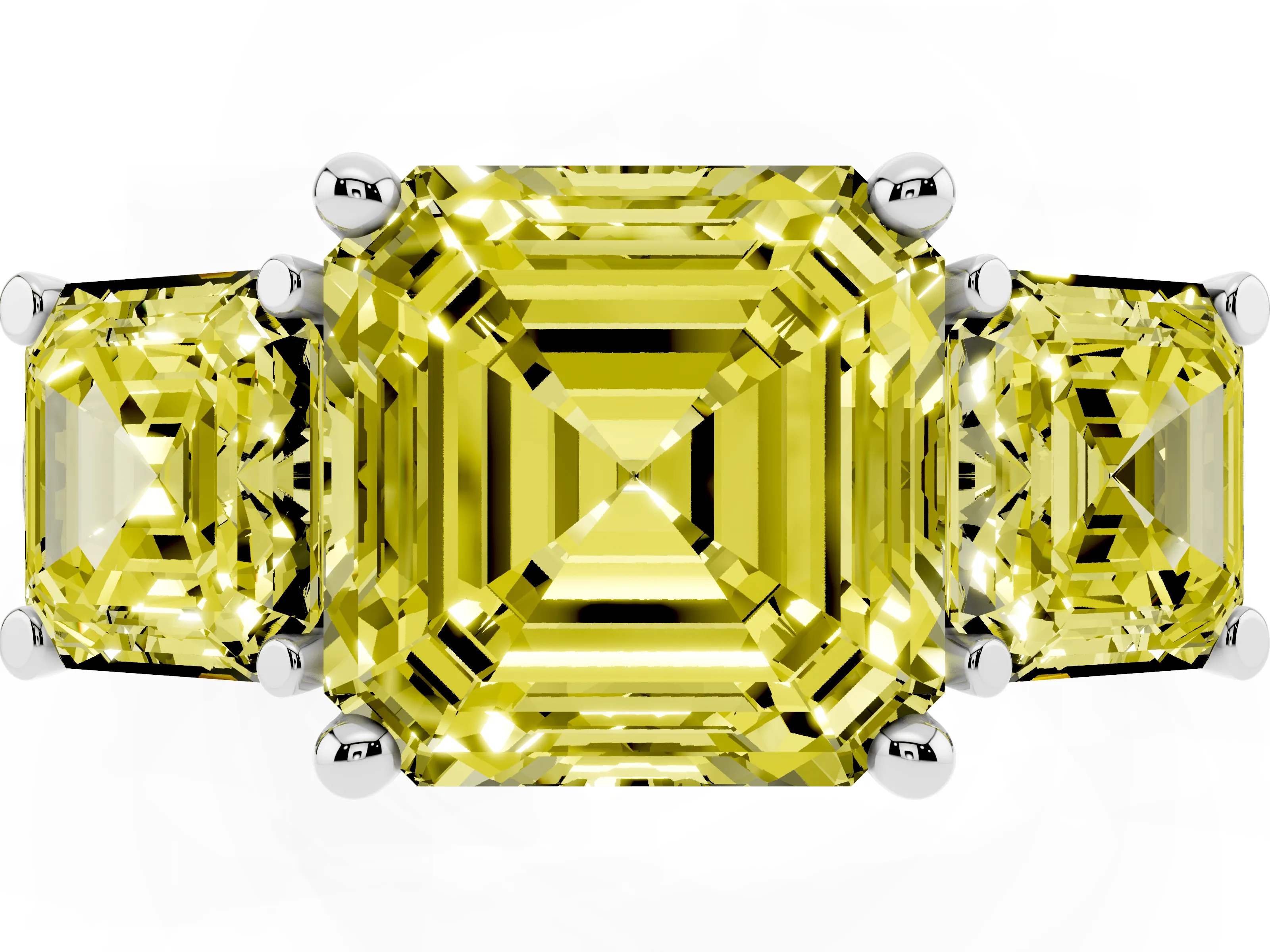 Fancy Yellow Asscher Cut Diamond Three-Stone Trellis Ring Set in Platinum with Comfort Fit Band