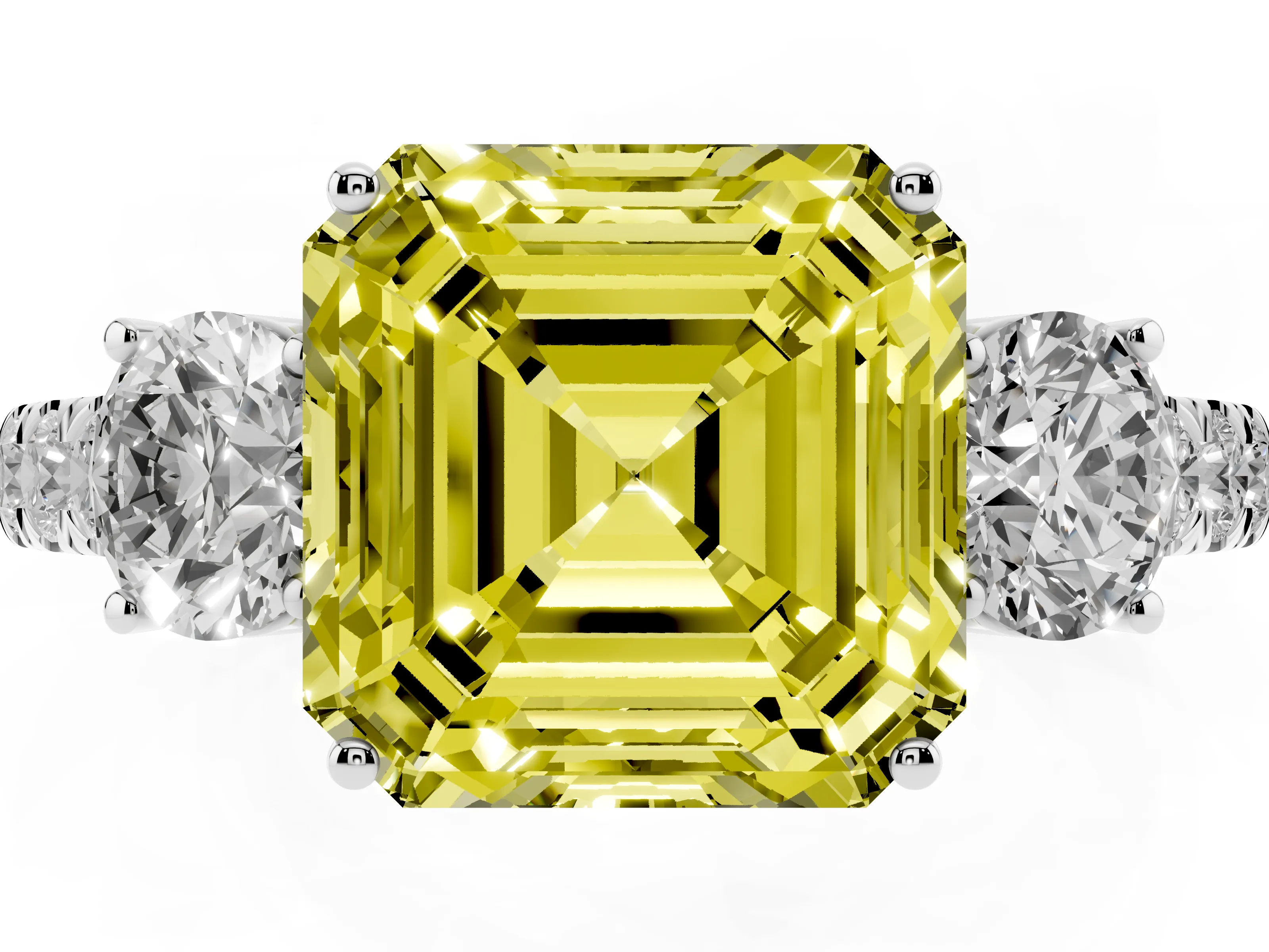 Fancy Yellow Asscher Cut Diamond Three-Stone Ring Set in Platinum with Round Side Stones and Delicate Pavé Band