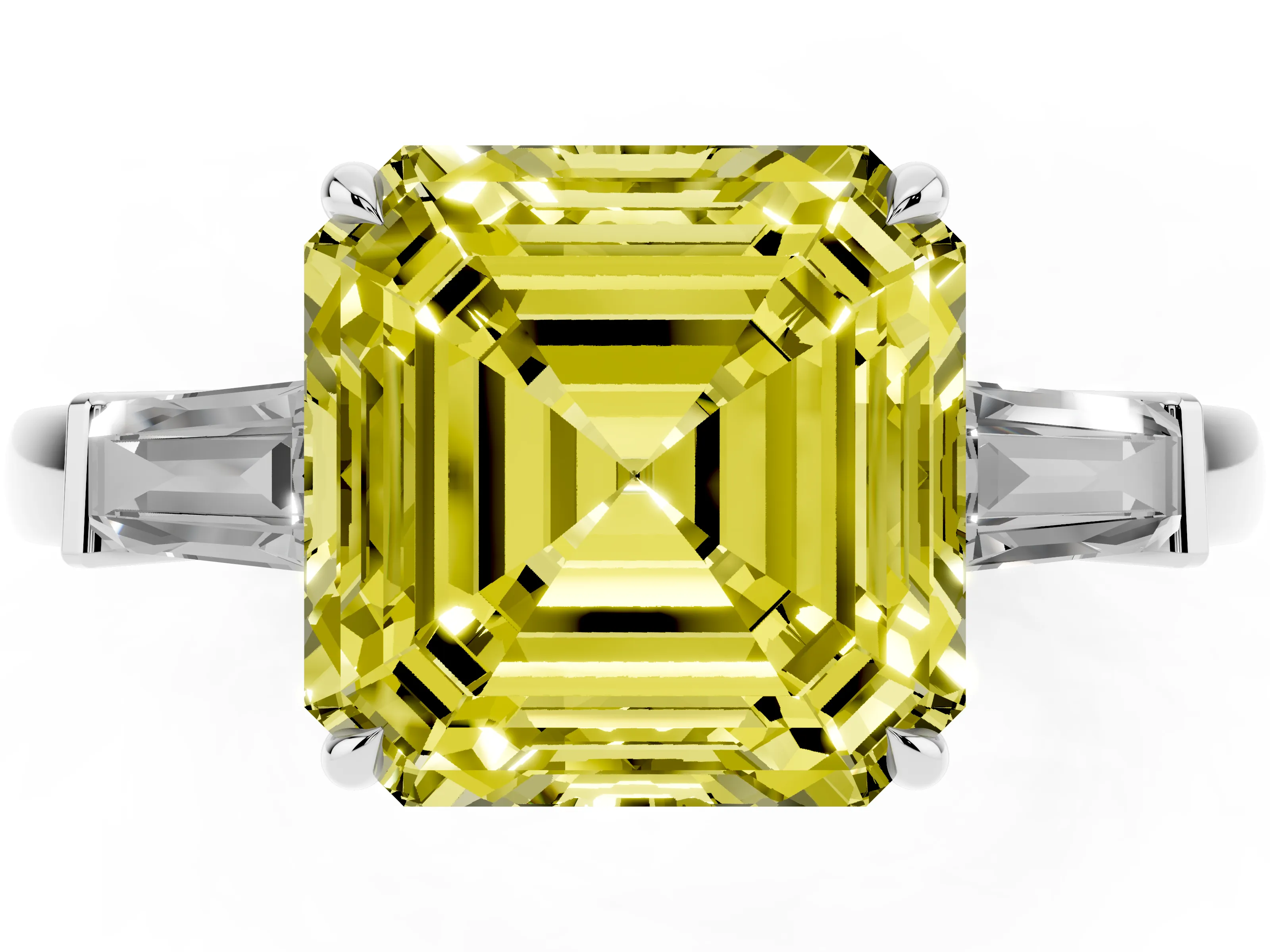 Fancy Yellow Asscher Cut Diamond Three-Stone Ring Set in White gold with Tapered Baguette Side Stones and Prong Setting