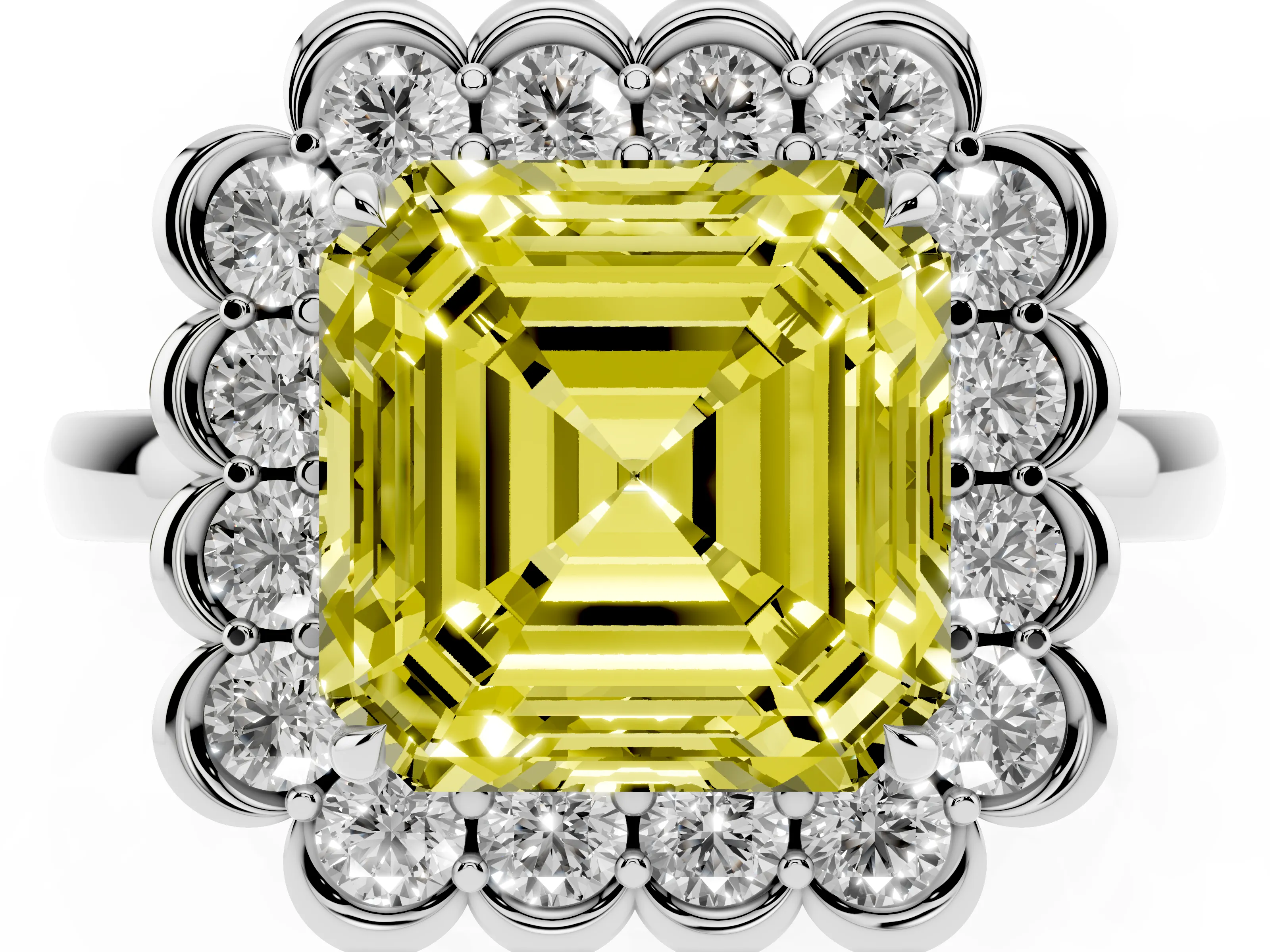 Fancy Yellow Asscher Cut Diamond Halo Cluster Engagement Ring Set in Platinum with Solitaire Band and Prong Setting