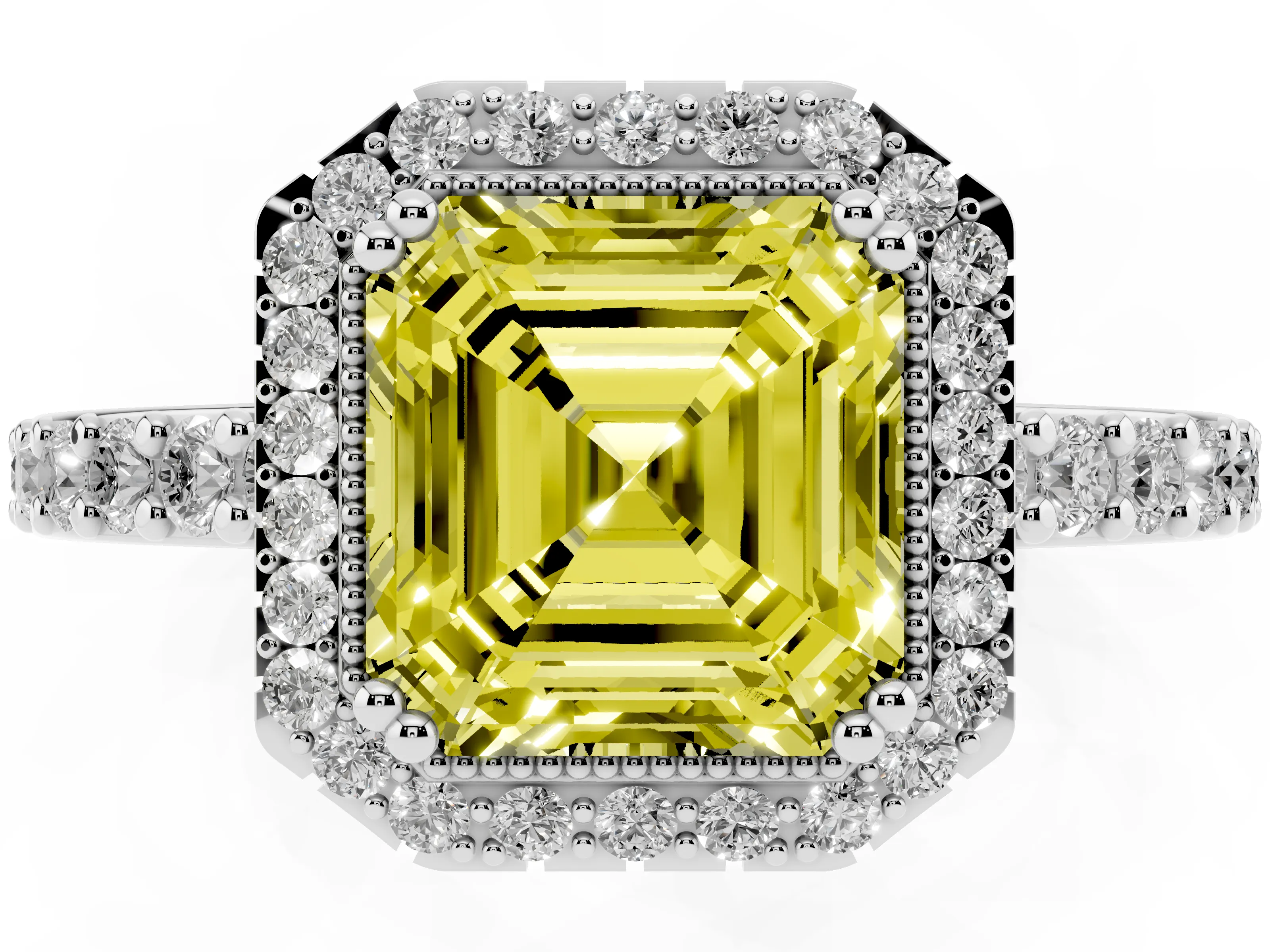 Fancy Yellow Asscher Cut Diamond Halo Engagement Ring Set in White gold with Milgrain Detail and Pavé Band