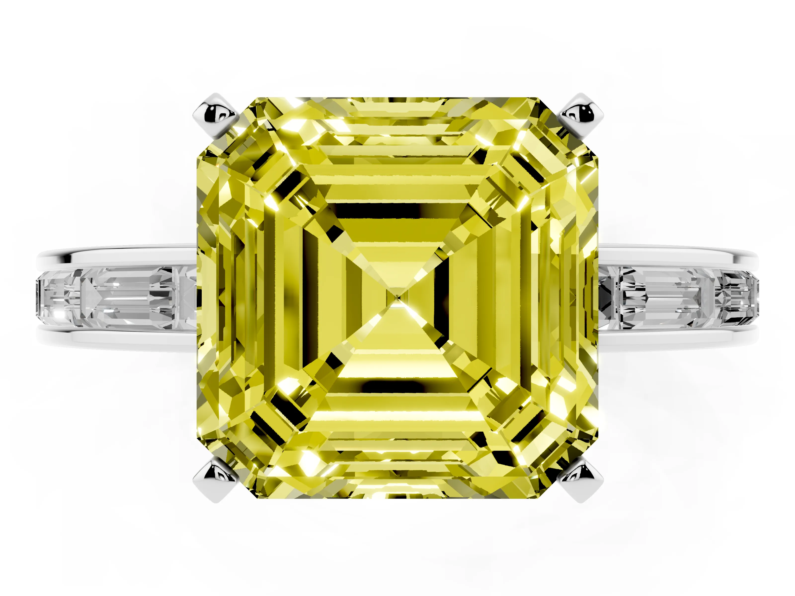 Fancy Yellow Asscher Cut Diamond Solitaire Ring Set in White gold with Channel-Set Baguette Band and Prong Setting