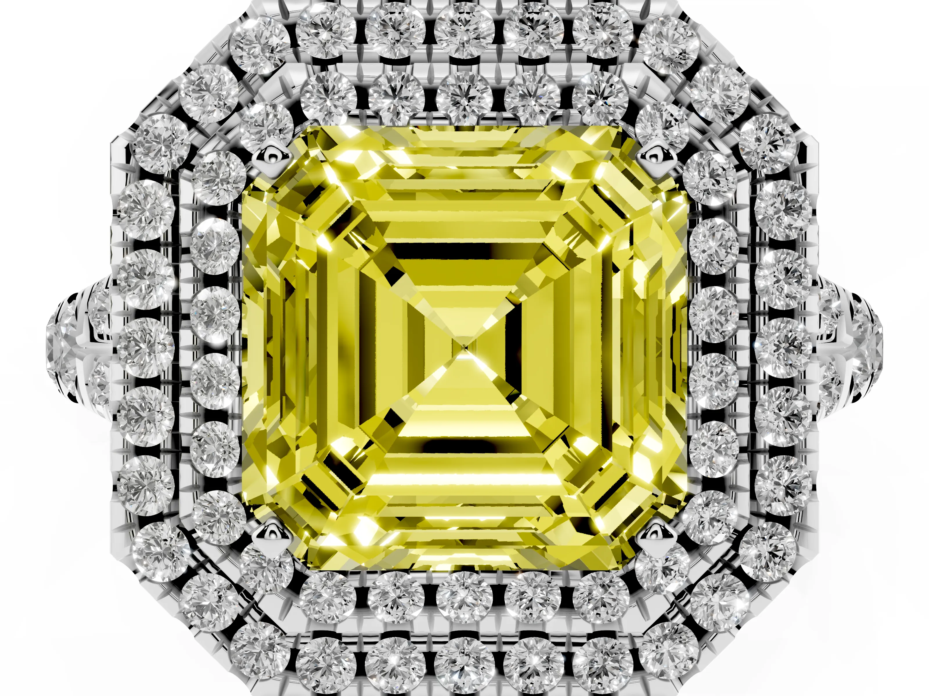 Fancy Yellow Asscher Cut Diamond Pavé Split Shank Double Halo Engagement Ring Set in Platinum