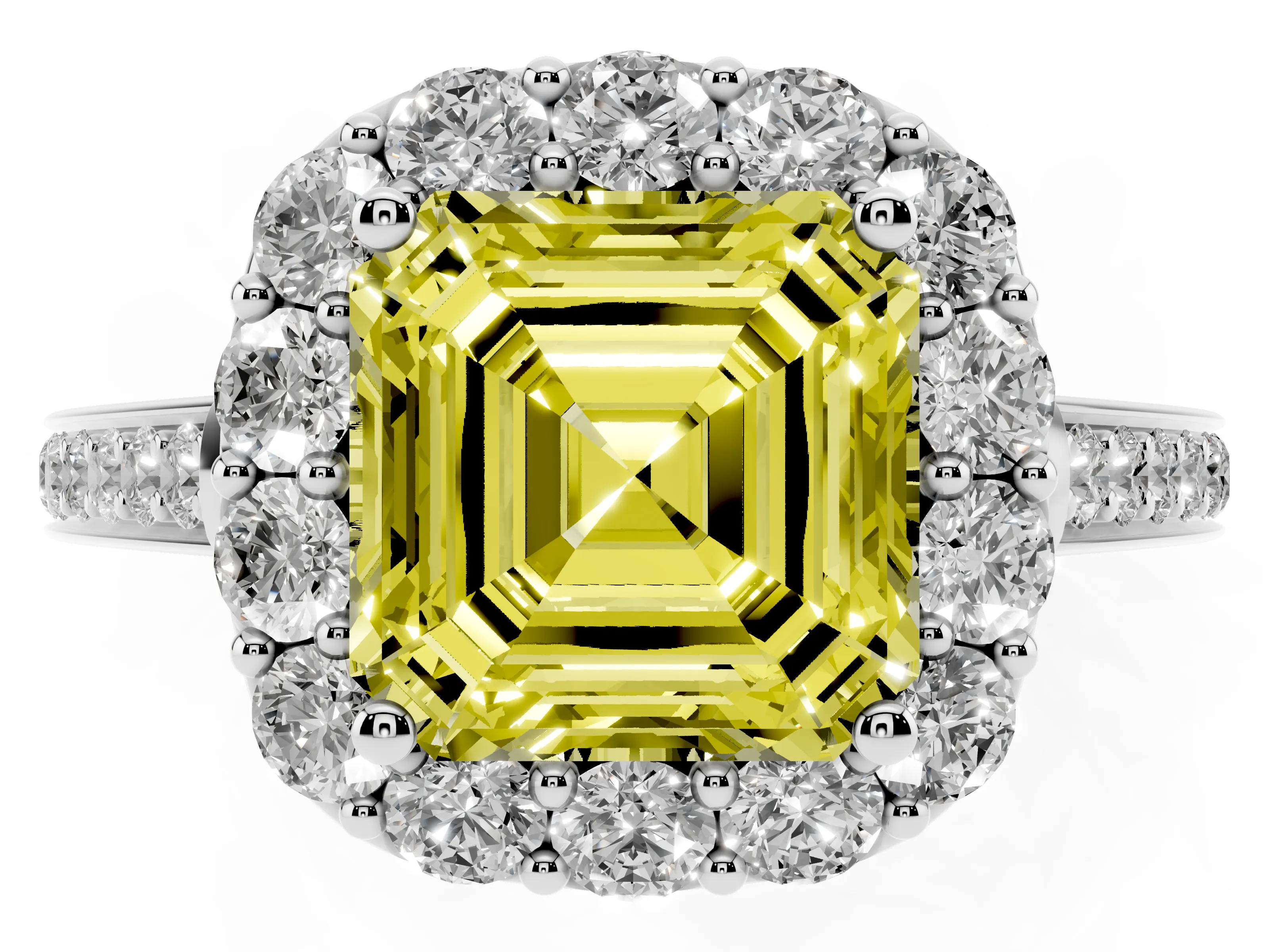 Fancy Yellow Asscher Cut Diamond Floral Halo Ring Set in White gold with Pavé Band and Prong Setting