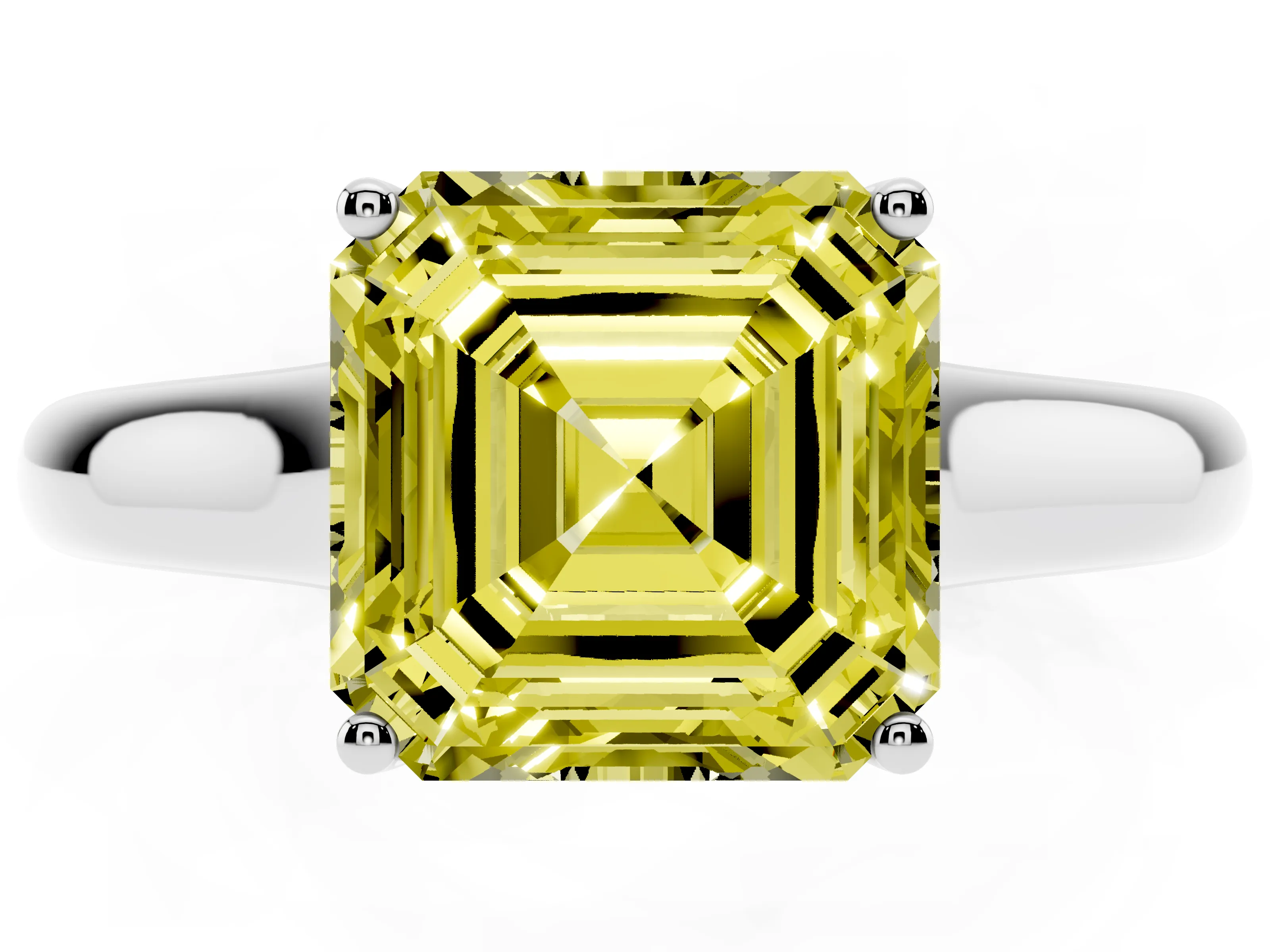 Fancy Yellow Asscher Cut Diamond Solitaire Engagement Ring Set in Silver with Subtly Tapered Band and Prong Setting
