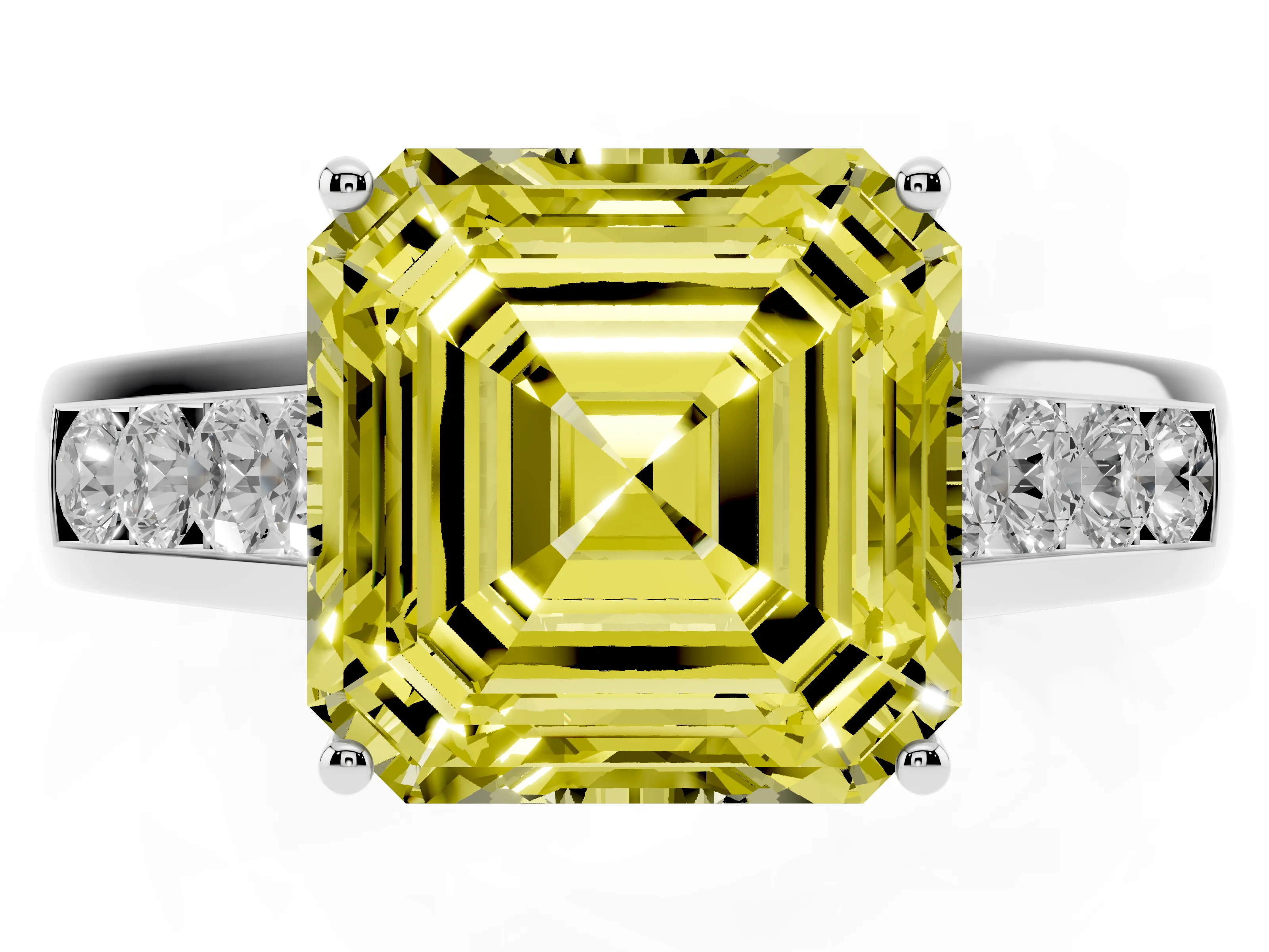 Fancy Yellow Asscher Cut Diamond Brilliant Channel-Set Solitaire Ring Set in White gold with Prong Setting