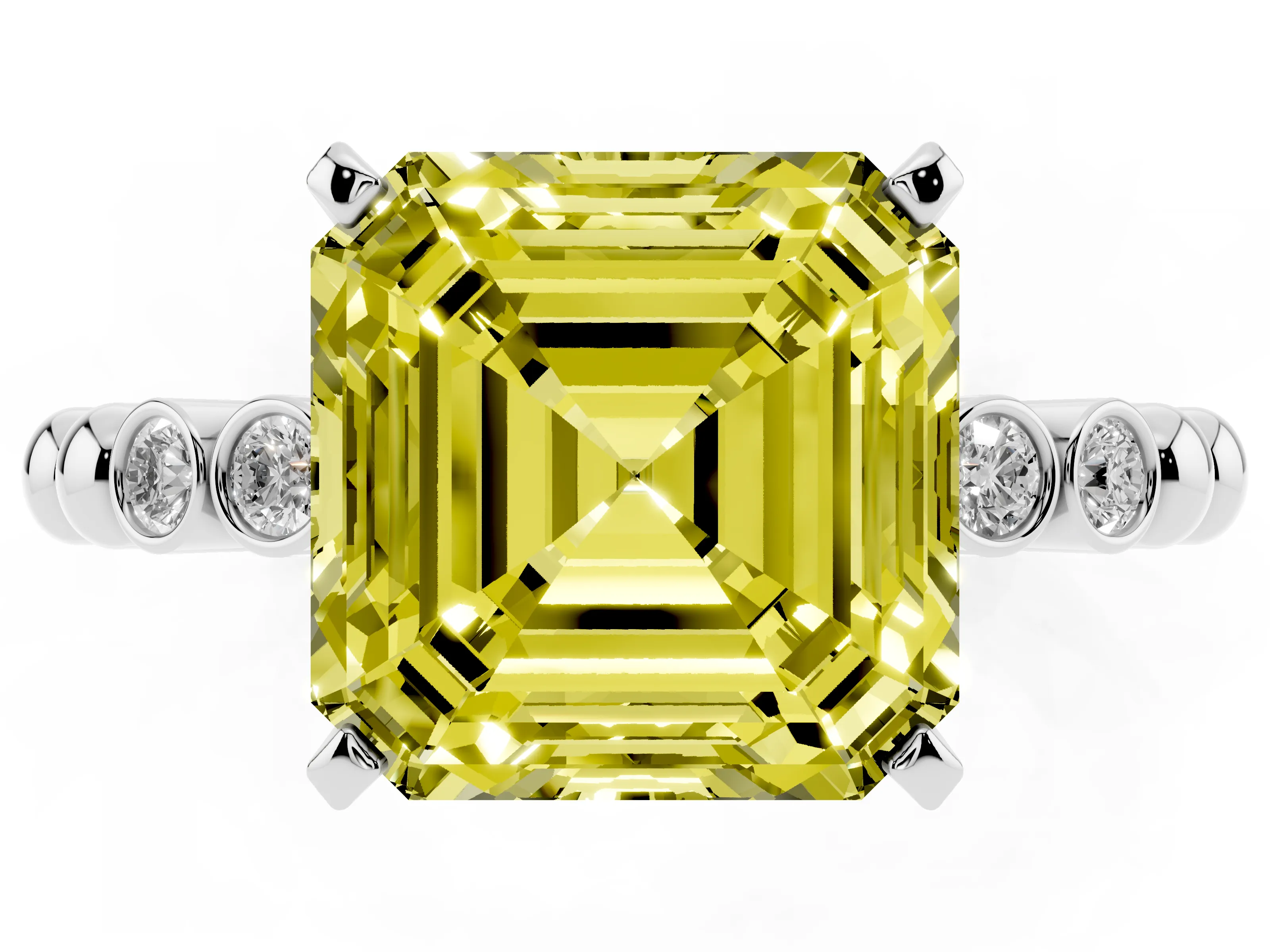 Fancy Yellow Asscher Cut Diamond Solitaire Engagement Ring Set in White gold with Bezel Accents on Beaded Band