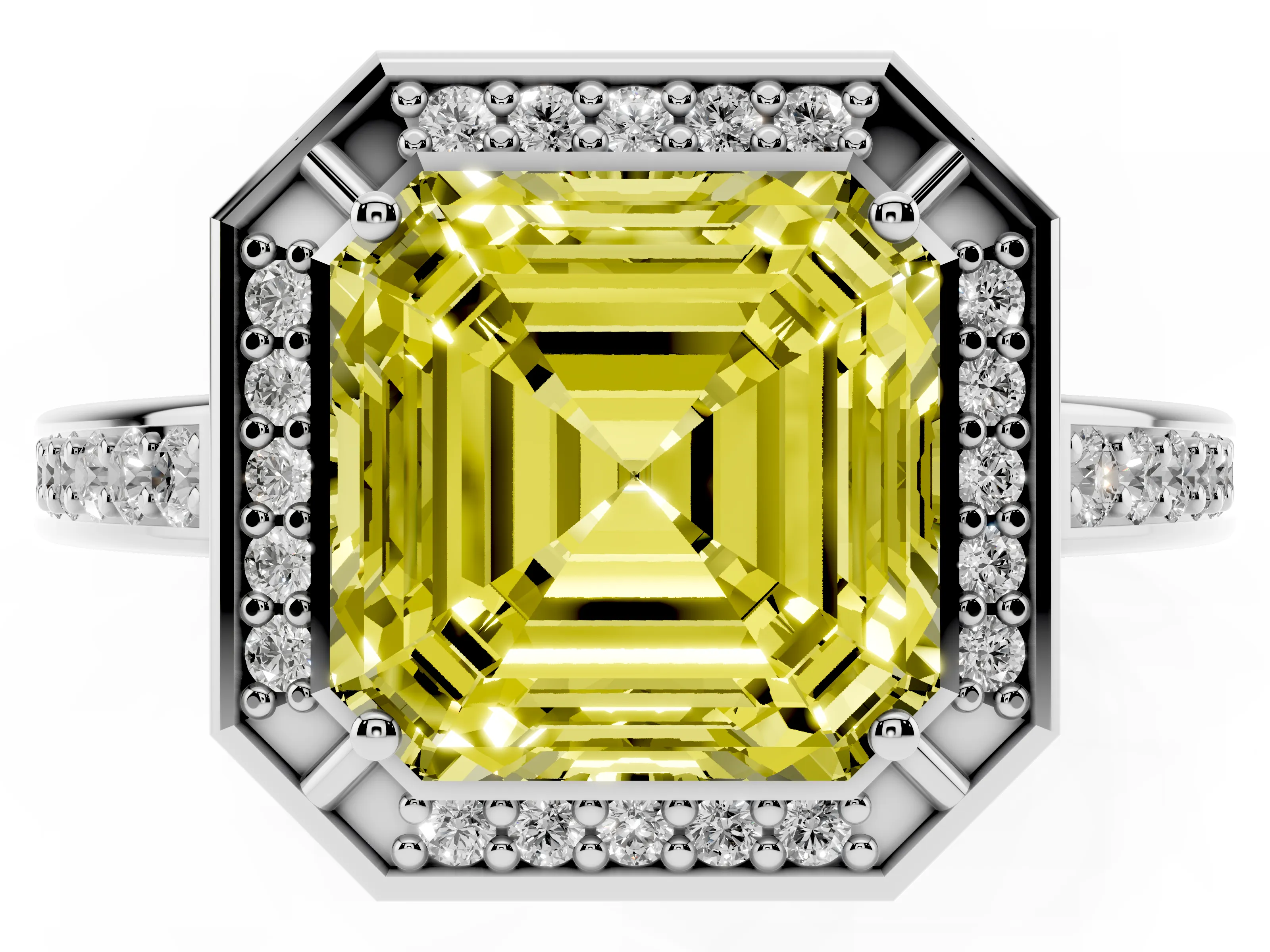 Fancy Yellow Asscher Cut Diamond Halo Pavé Split Shank Ring Set in White gold with Prong Setting