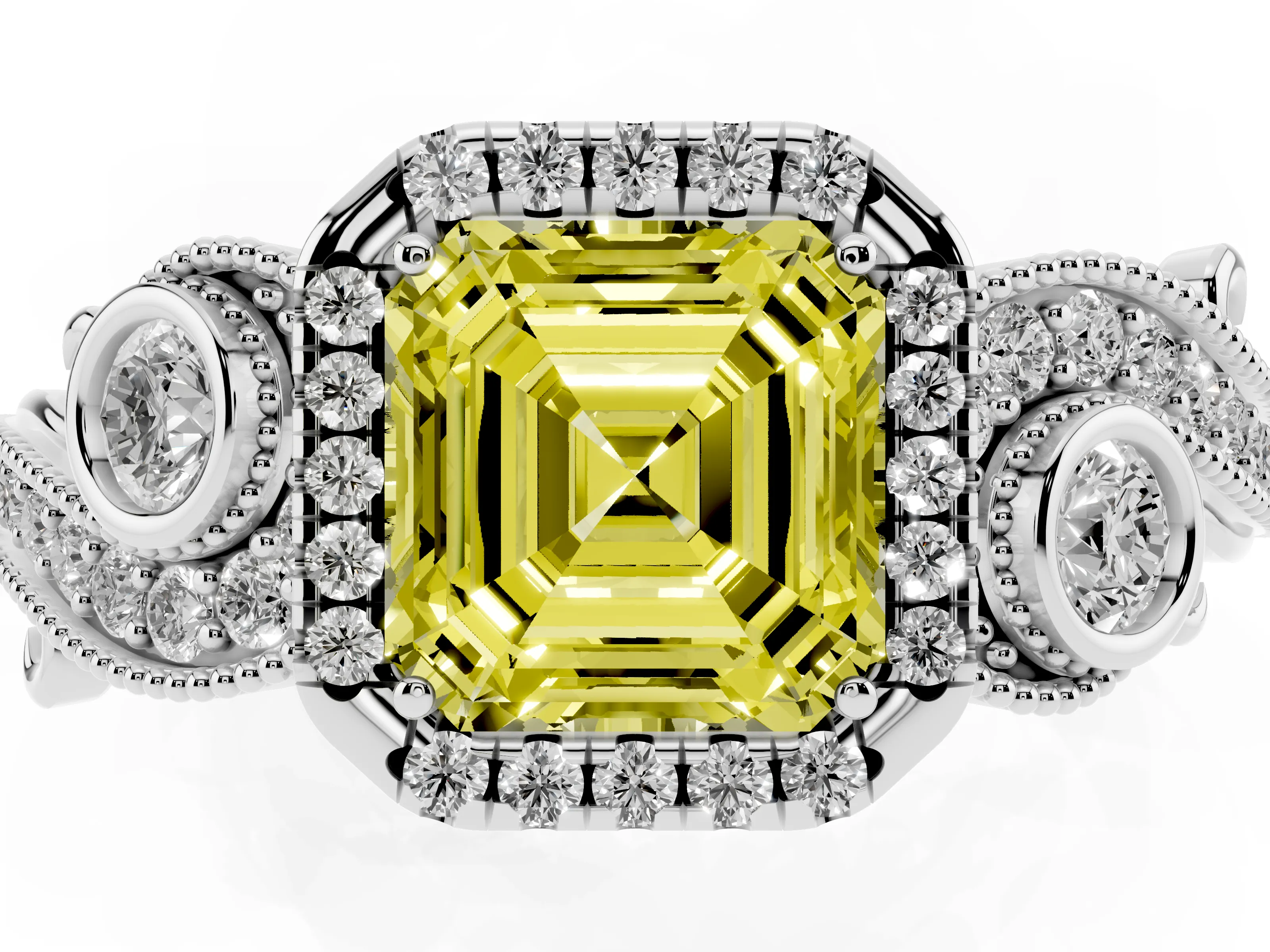Fancy Yellow Asscher Cut Diamond Halo Ring Set in Silver with Milgrain Pavé Band and Prong Setting