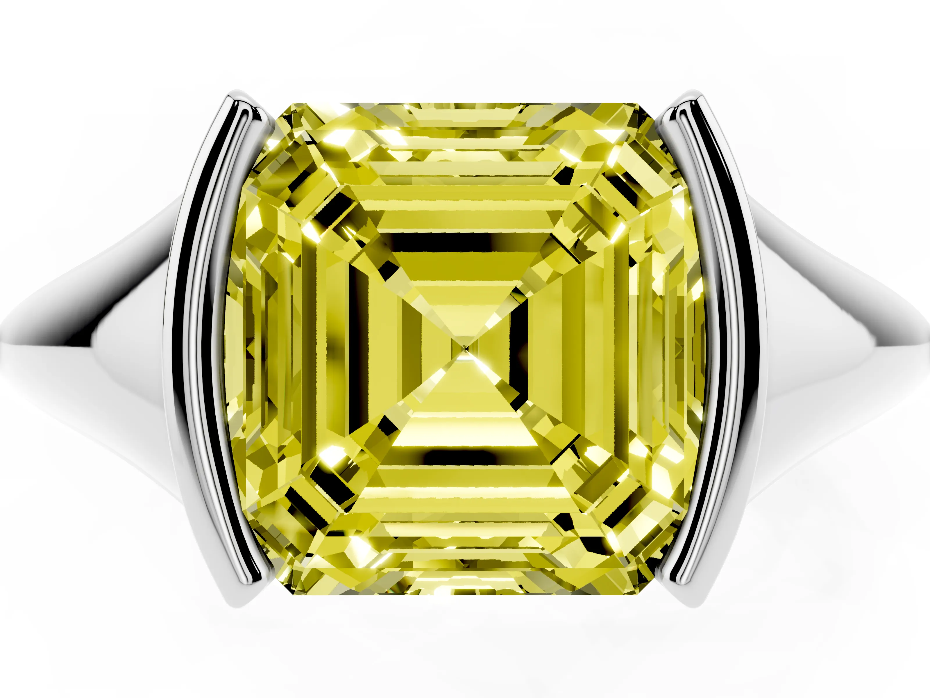 Fancy Yellow Asscher Cut Diamond Solitaire Tension Set Ring Set in White gold
