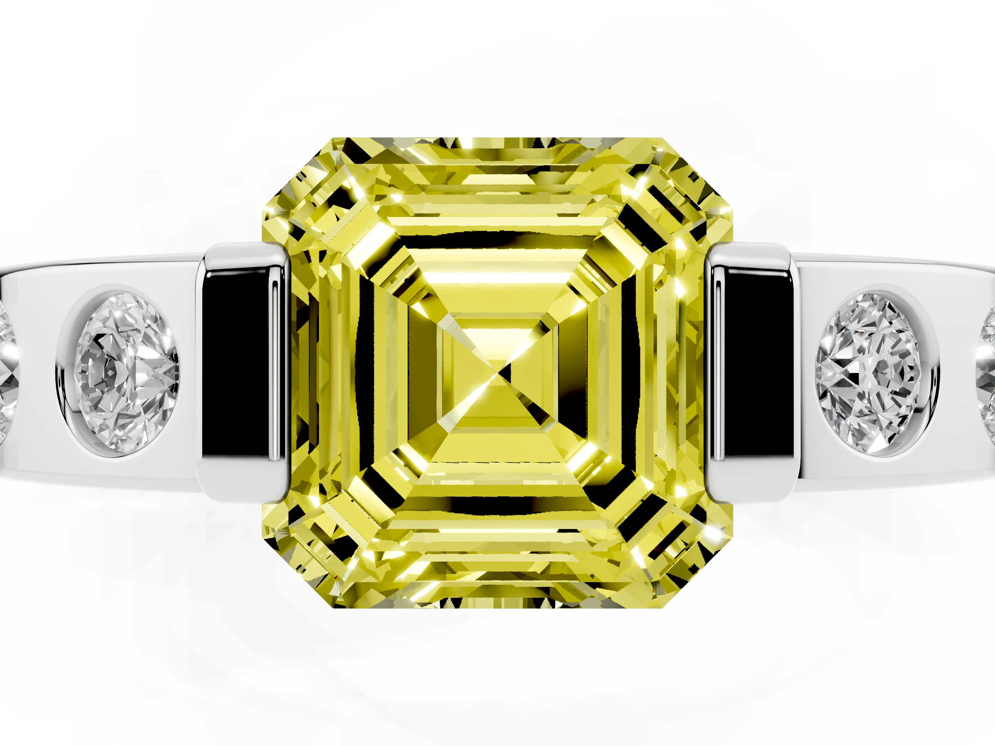 Fancy Yellow Asscher Cut Diamond Channel-Set Band Ring Set in Platinum with Bezel Prong Setting