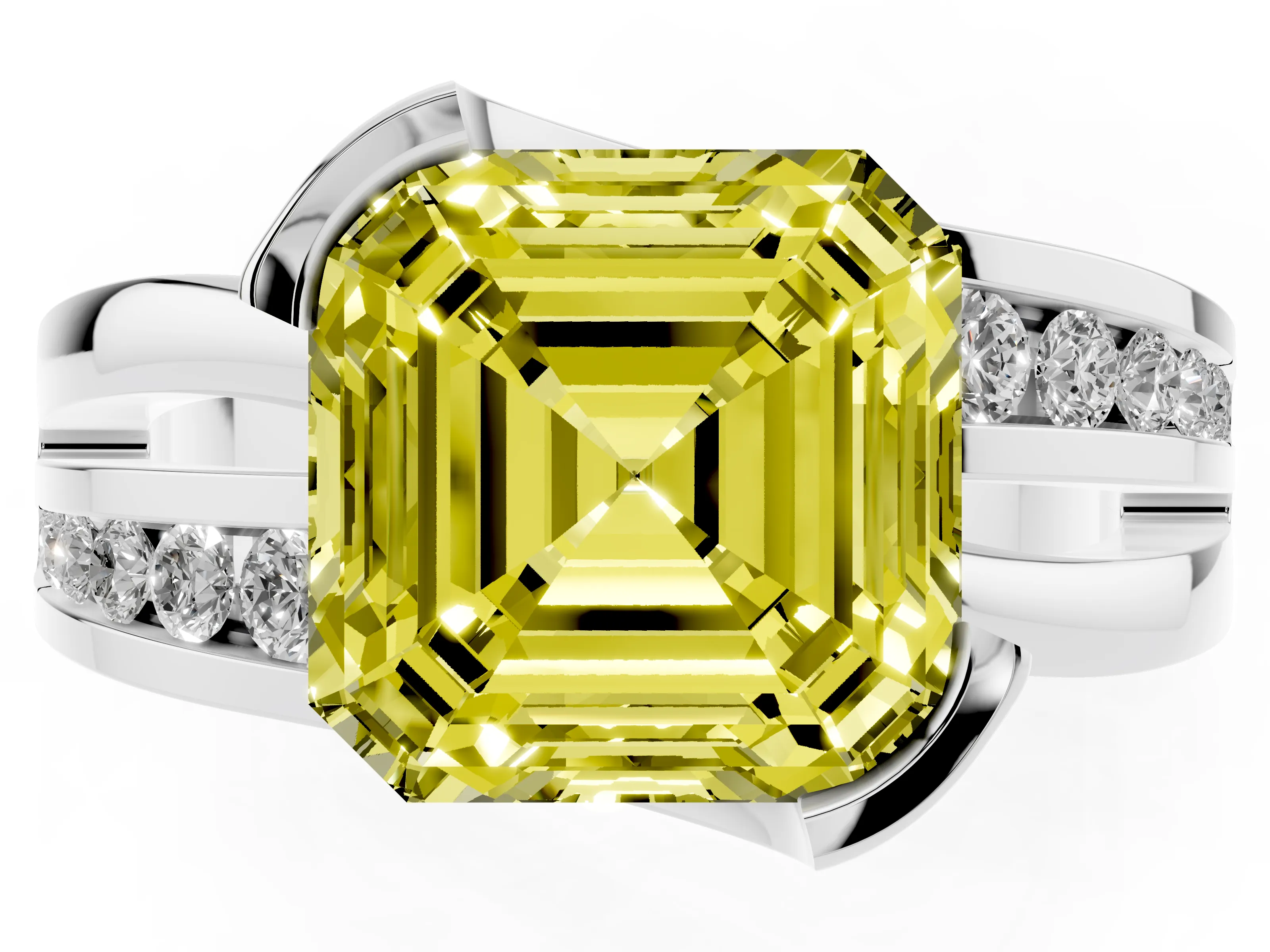 Fancy Yellow Asscher Cut Diamond Solitaire Ring Set in Platinum with Channel Set Split Shank and Tension Prongs