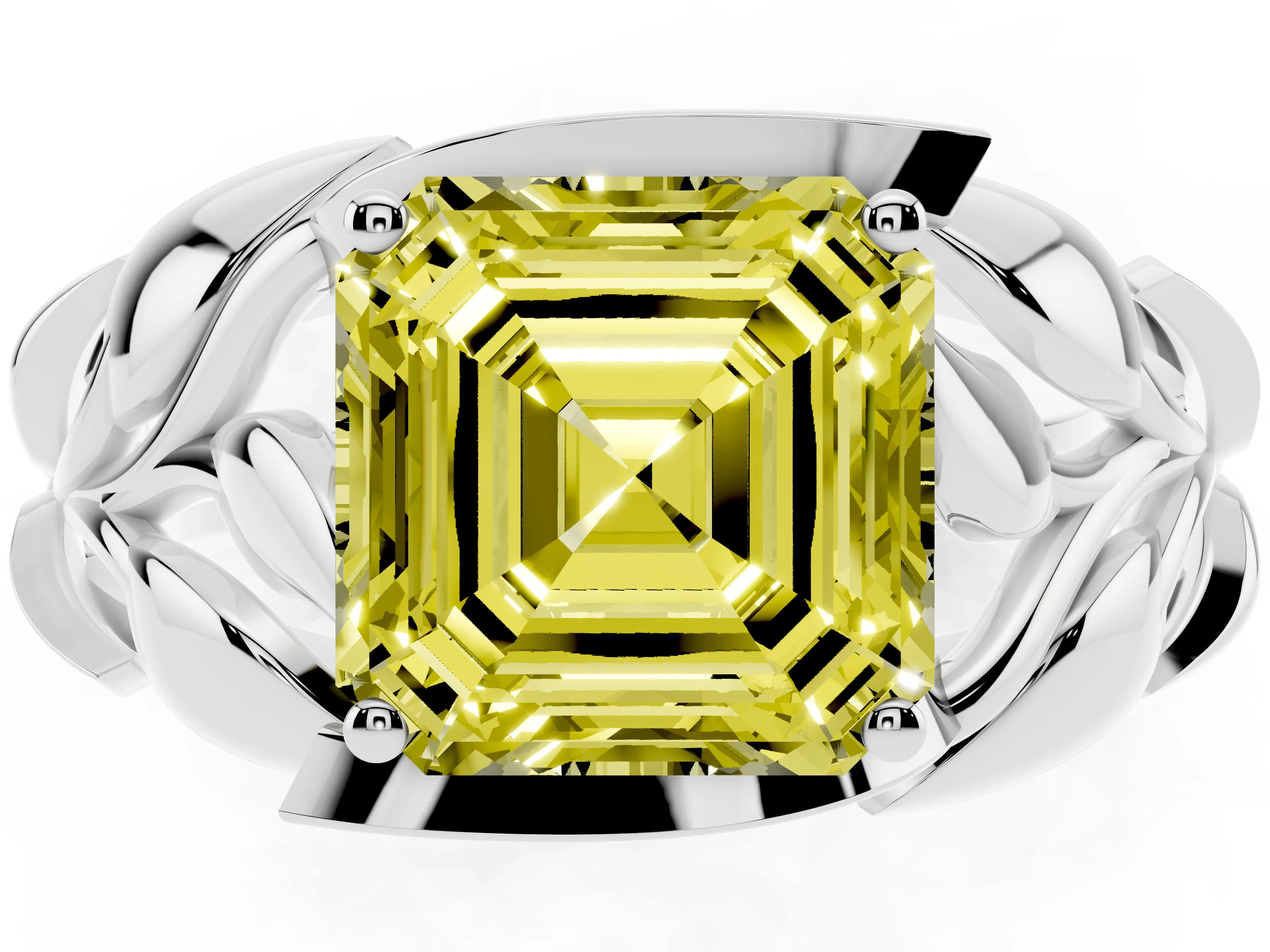 Fancy Yellow Asscher Cut Diamond Leaf-Inspired Engagement Ring Set in White gold with Round Accents