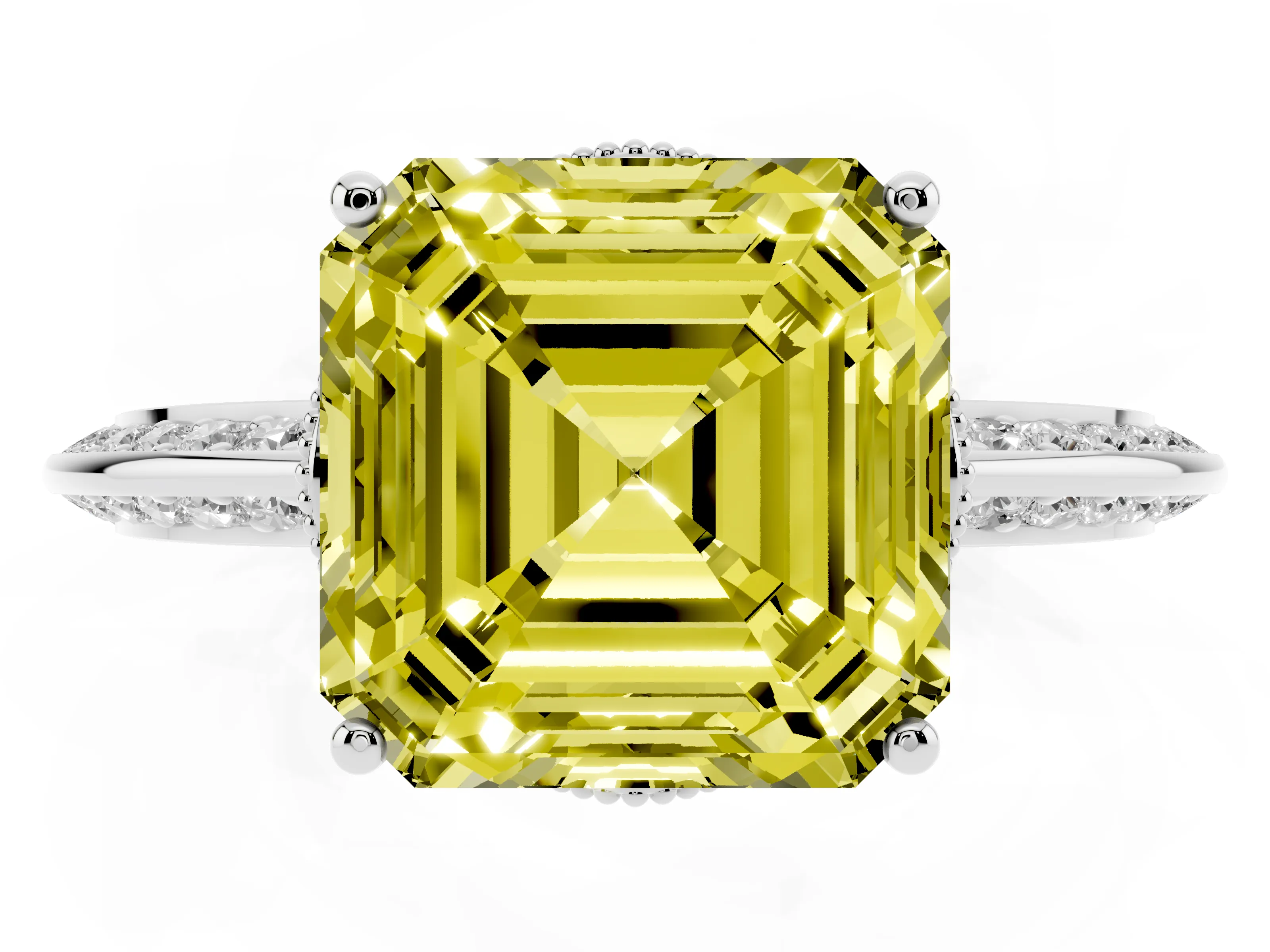 Fancy Yellow Asscher Cut Diamond Solitaire Engagement Ring Set in Platinum with Pavé Split Shank and Prong Setting