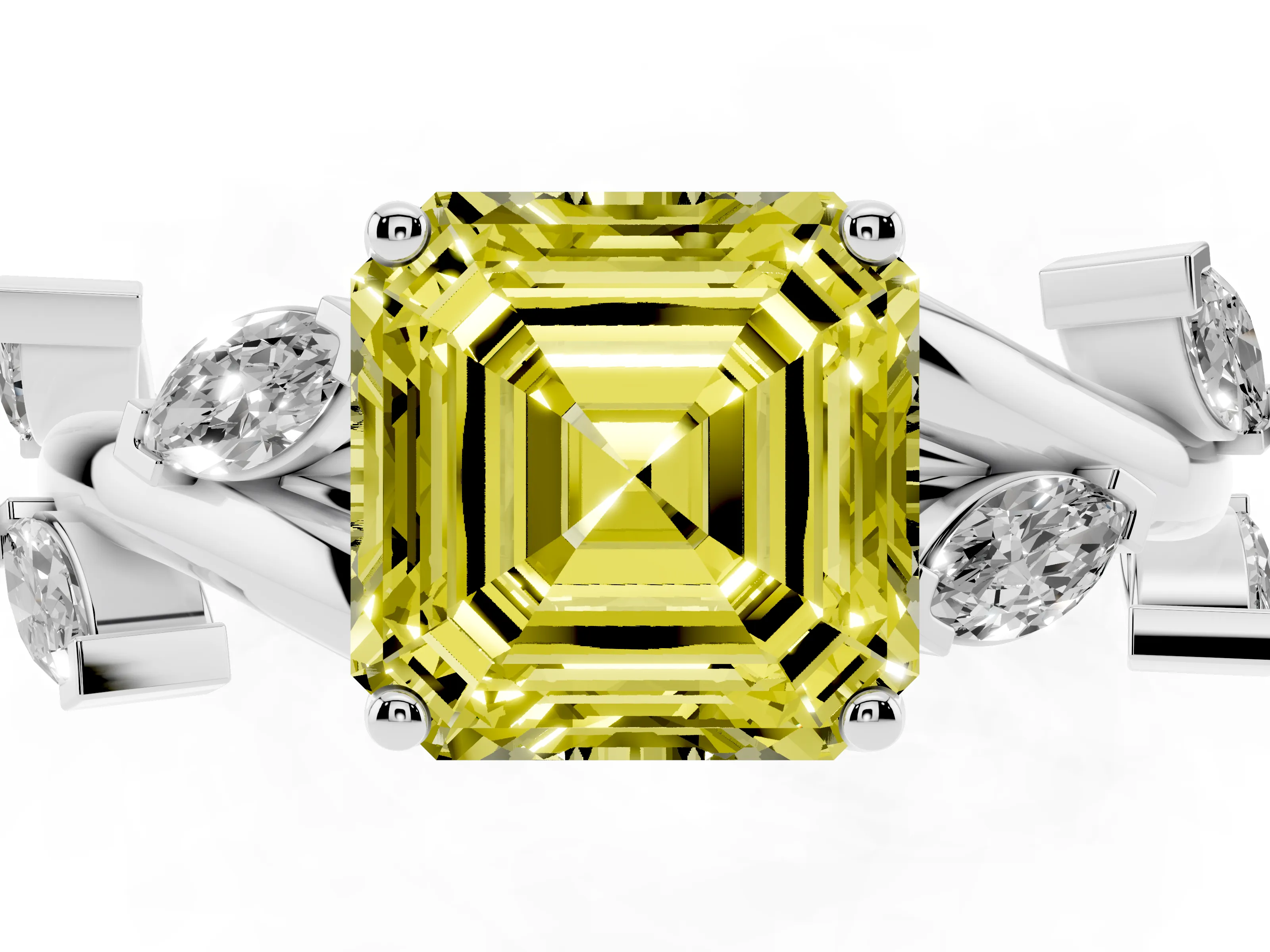 Fancy Yellow Asscher Cut Diamond Solitaire Ring Set in White gold with Twisted Marquise Accent Band