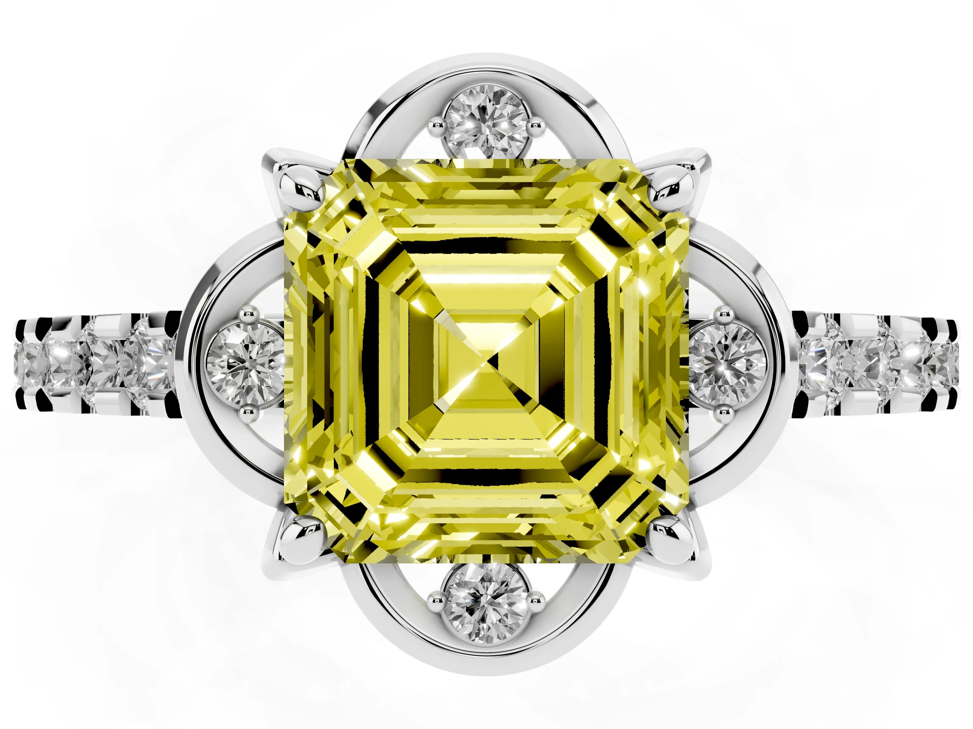 Fancy Yellow Asscher Cut Diamond Solitaire Ring Set in Platinum with Pavé Band and Floral Prong Setting