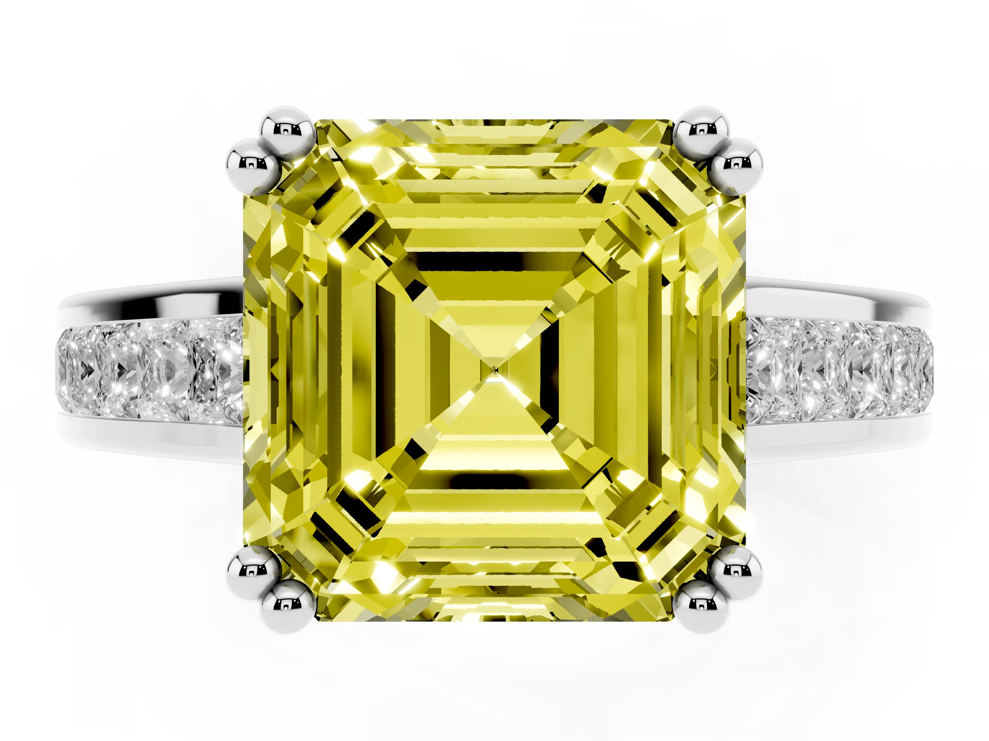 Fancy Yellow Asscher Cut Diamond Channel Set Solitaire Engagement Ring Set in Platinum with Prong Setting