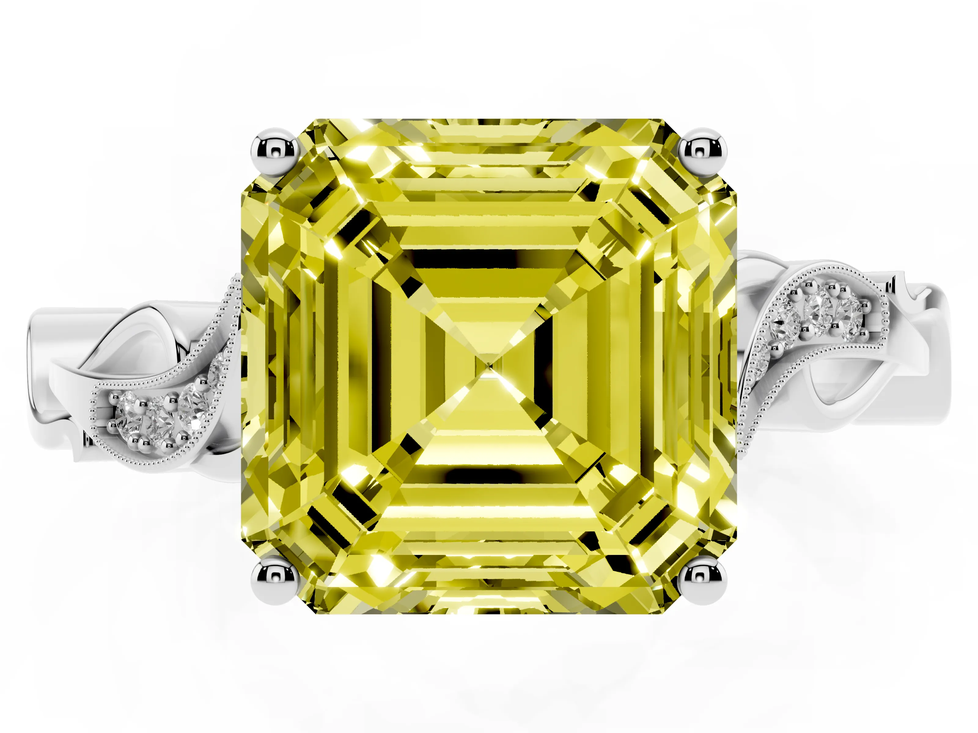 Fancy Yellow Asscher Cut Diamond Vine Band Solitaire Ring Set in White gold with Milgrain Prong Setting