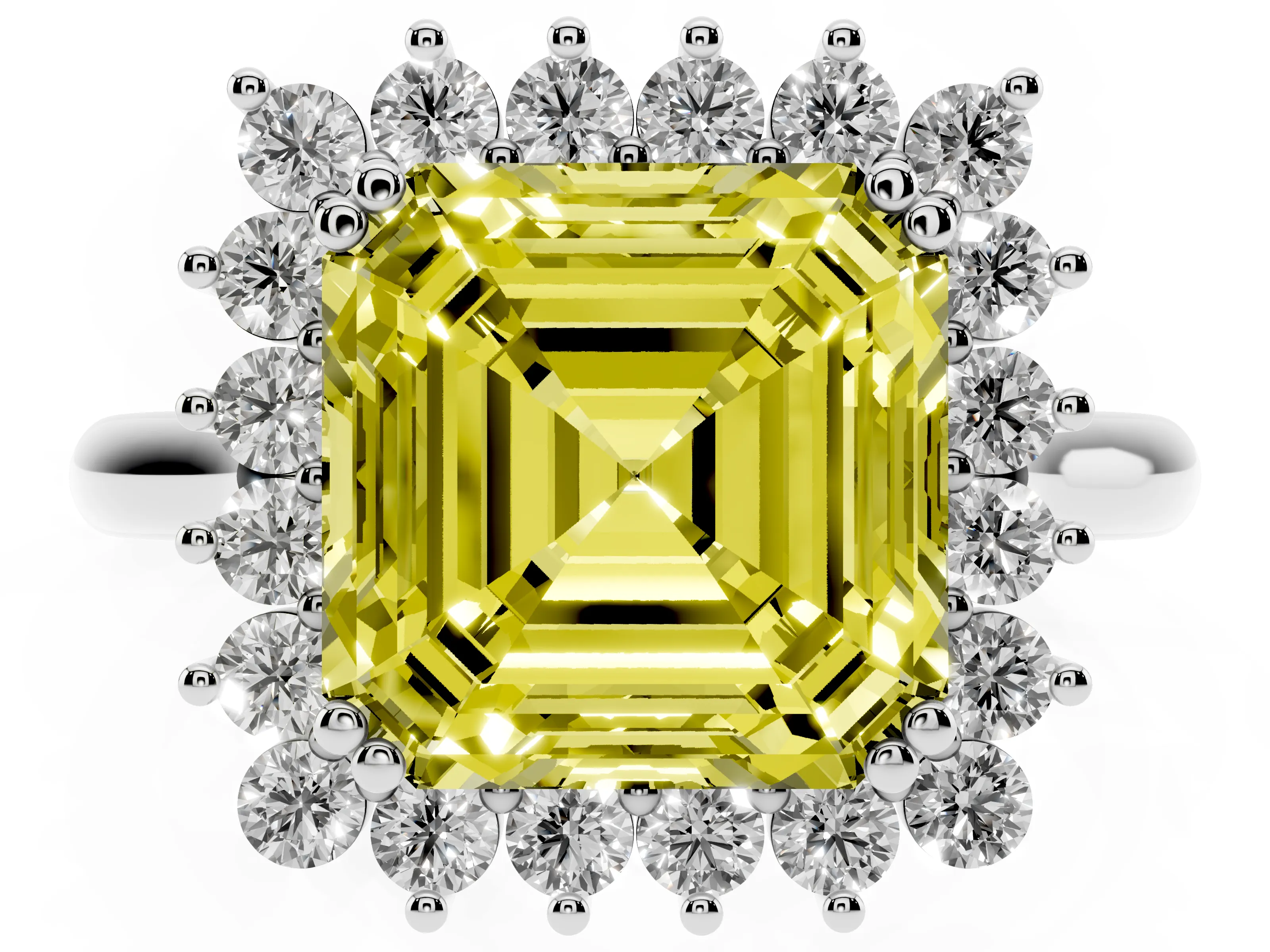 Fancy Yellow Asscher Cut Diamond Halo Ring Set in Silver with Plain Solitaire Band and Prong Setting