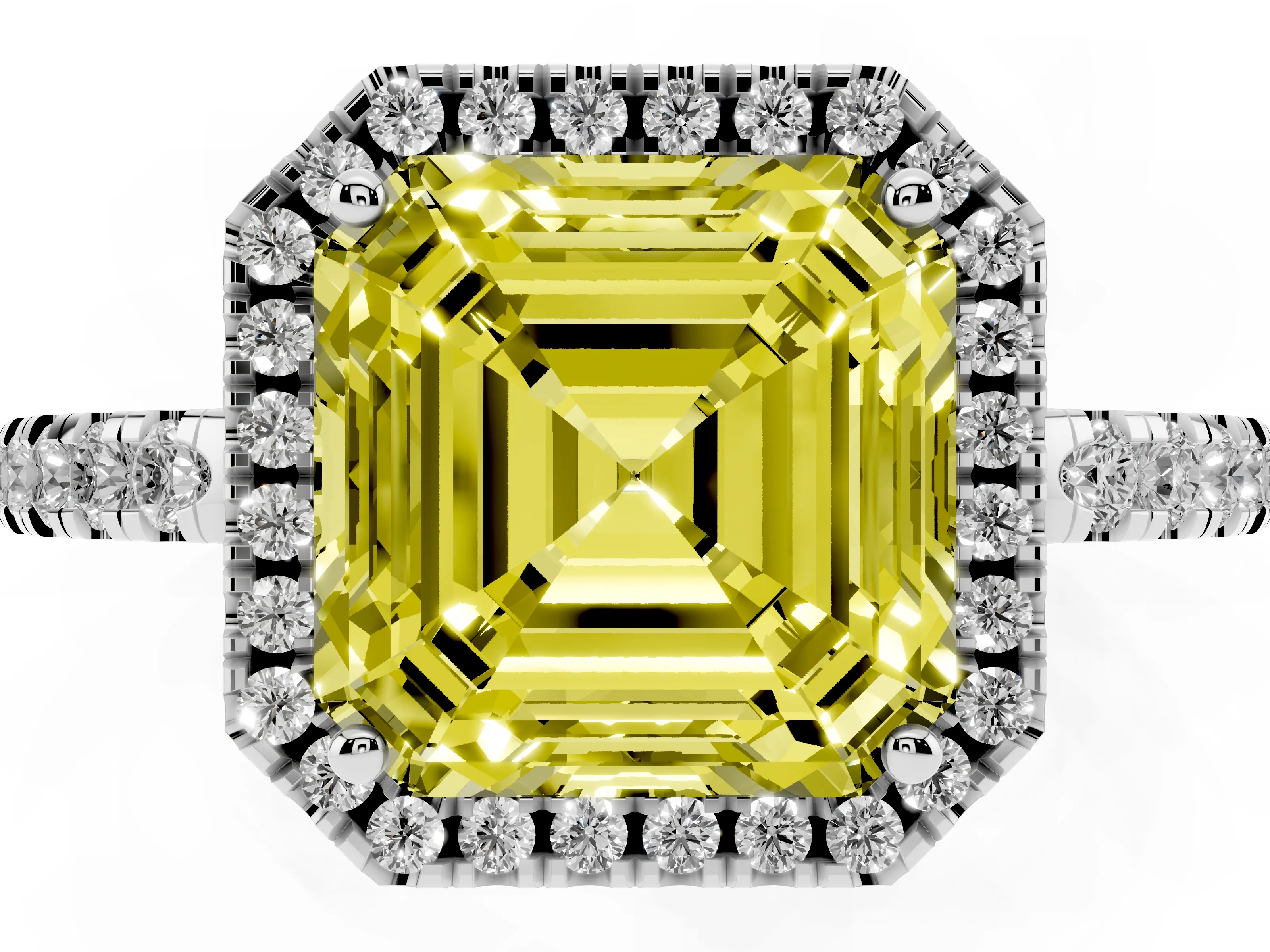 Fancy Yellow Asscher Cut Diamond Pavé Band Halo Engagement Ring Set in White gold with Prong Setting