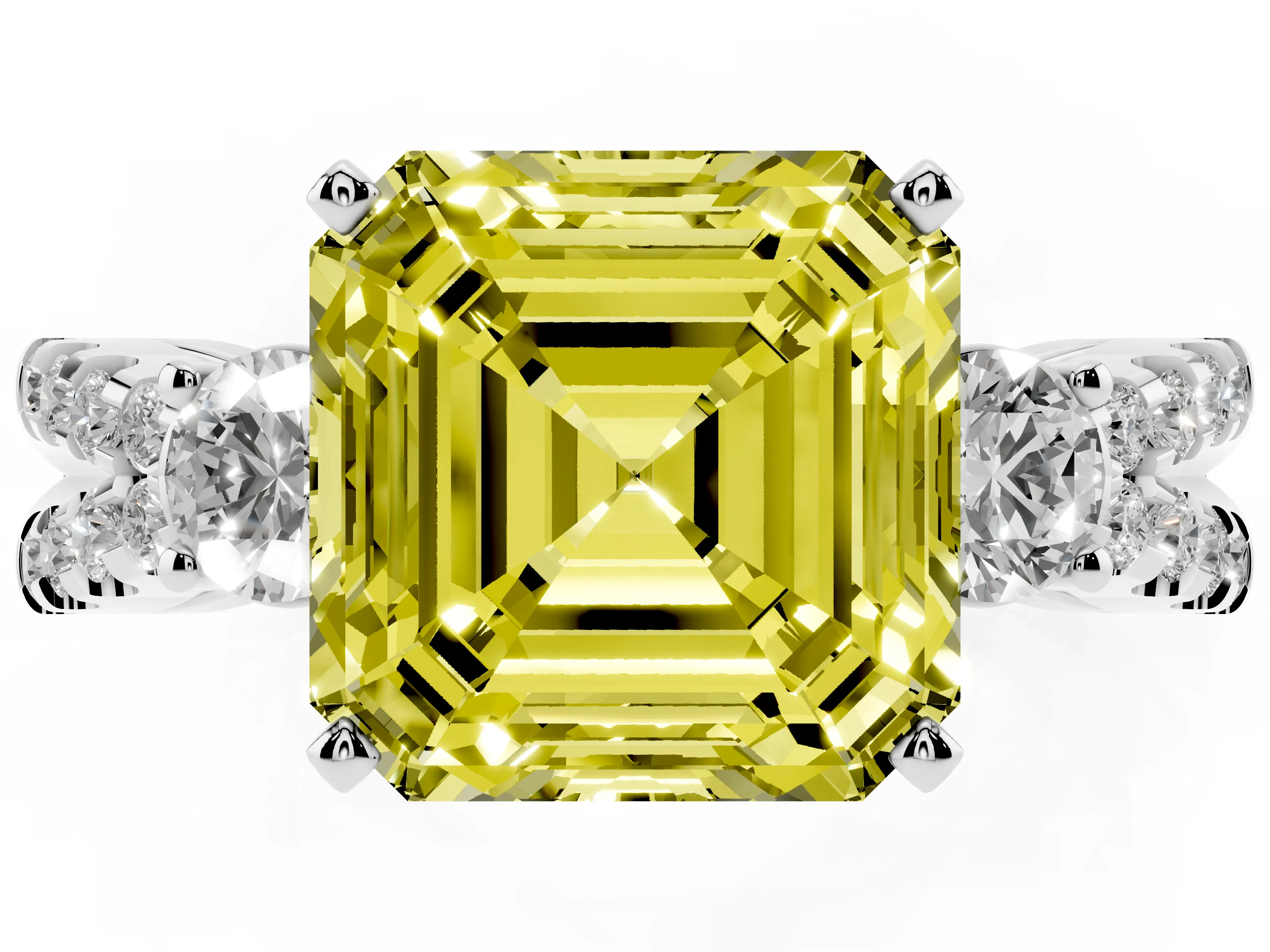 Fancy Yellow Asscher Cut Diamond Three-Stone Ring Set in Platinum with Pavé Split Shank and Prong Setting