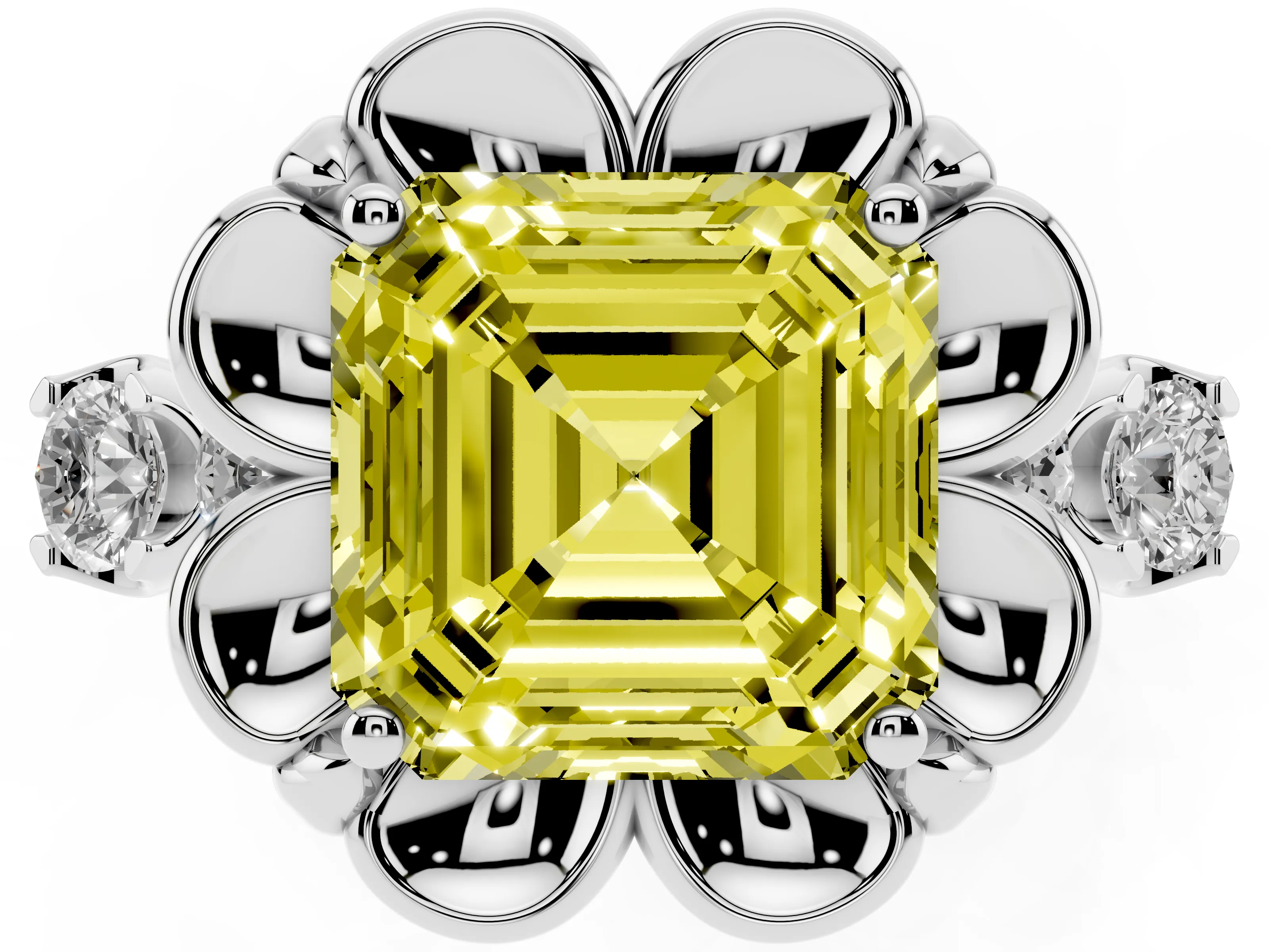 Fancy Yellow Asscher Cut Diamond Floral Halo Ring Set in Platinum with Shared Prong Band