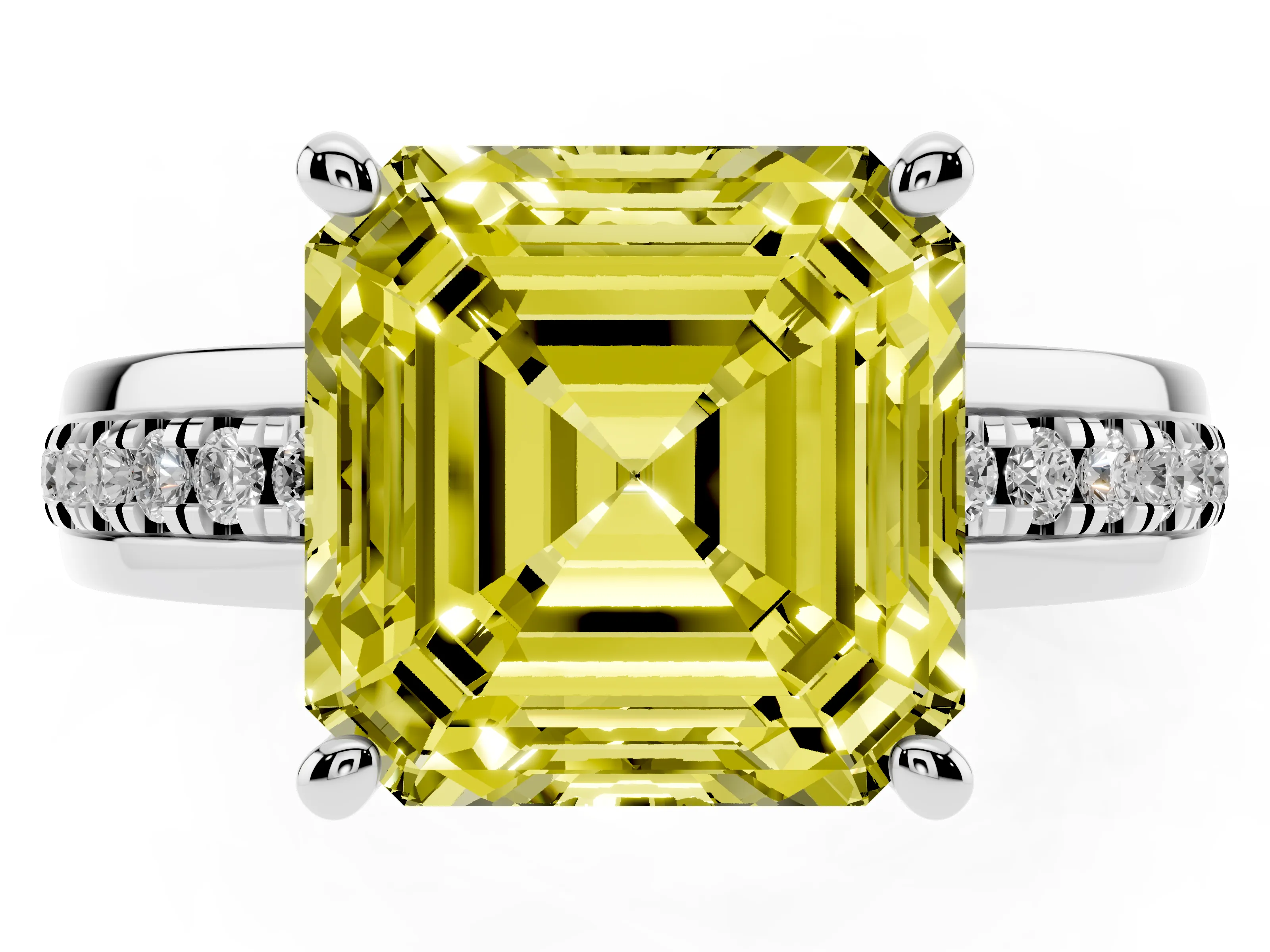 Fancy Yellow Asscher Cut Diamond Solitaire Ring Set in White gold with Channel Set Band and Prong Setting