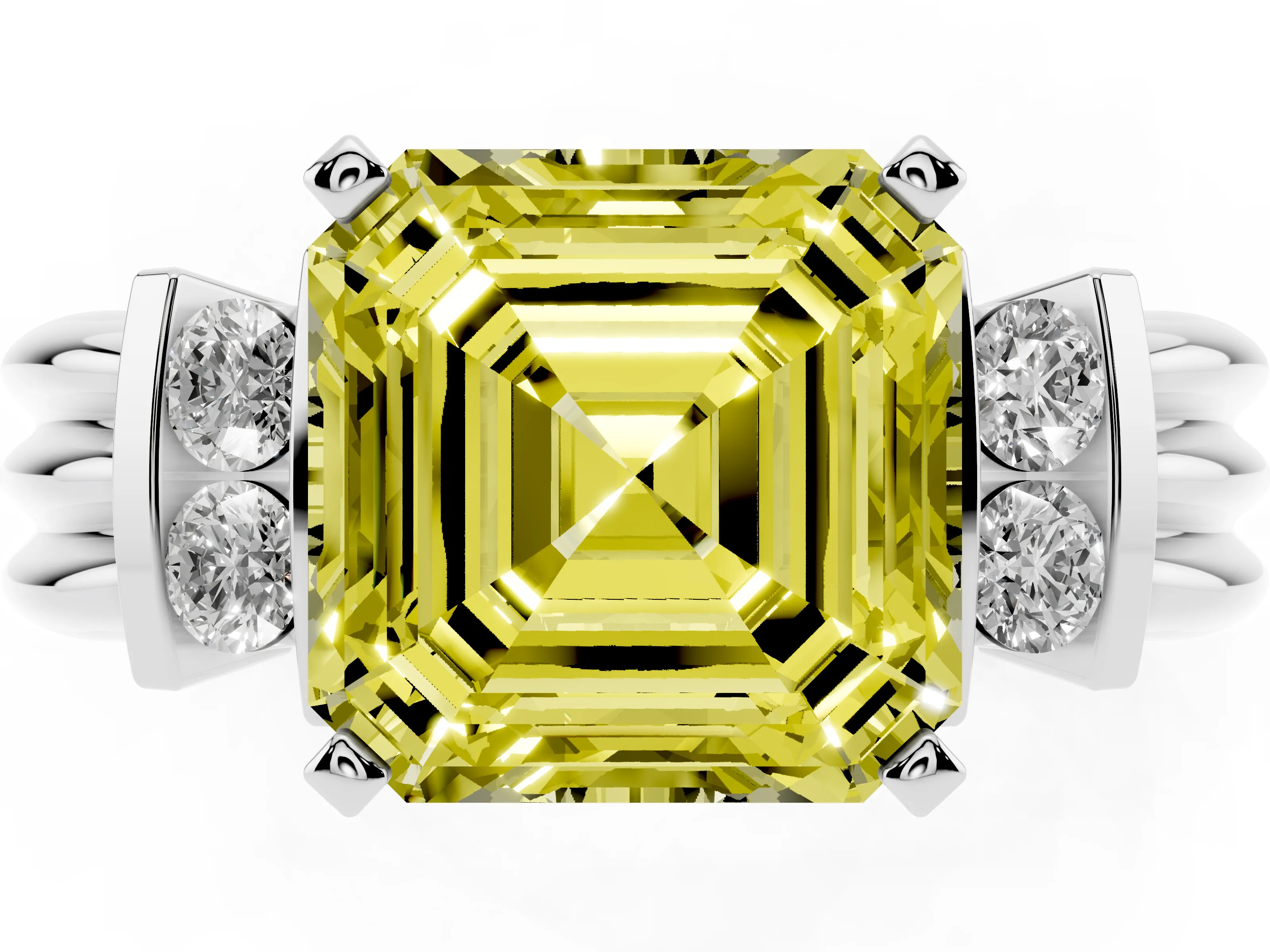Fancy Yellow Three-Stone Asscher Cut Diamond Channel Set Ring Set in Silver with Bar Prongs