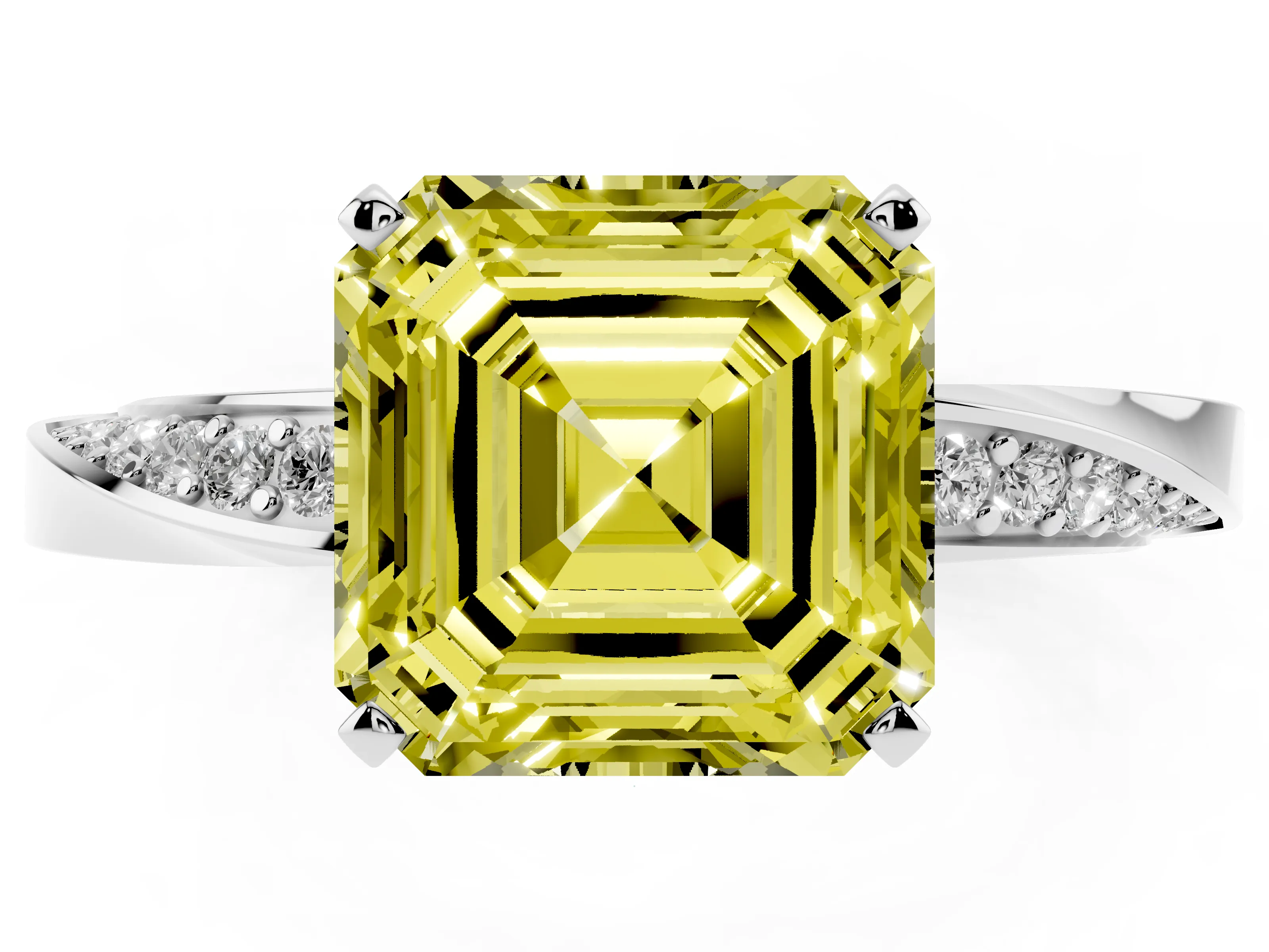 Fancy Yellow Asscher Cut Diamond Engagement Ring Set in White gold with Side Stone Accents and Prong Setting