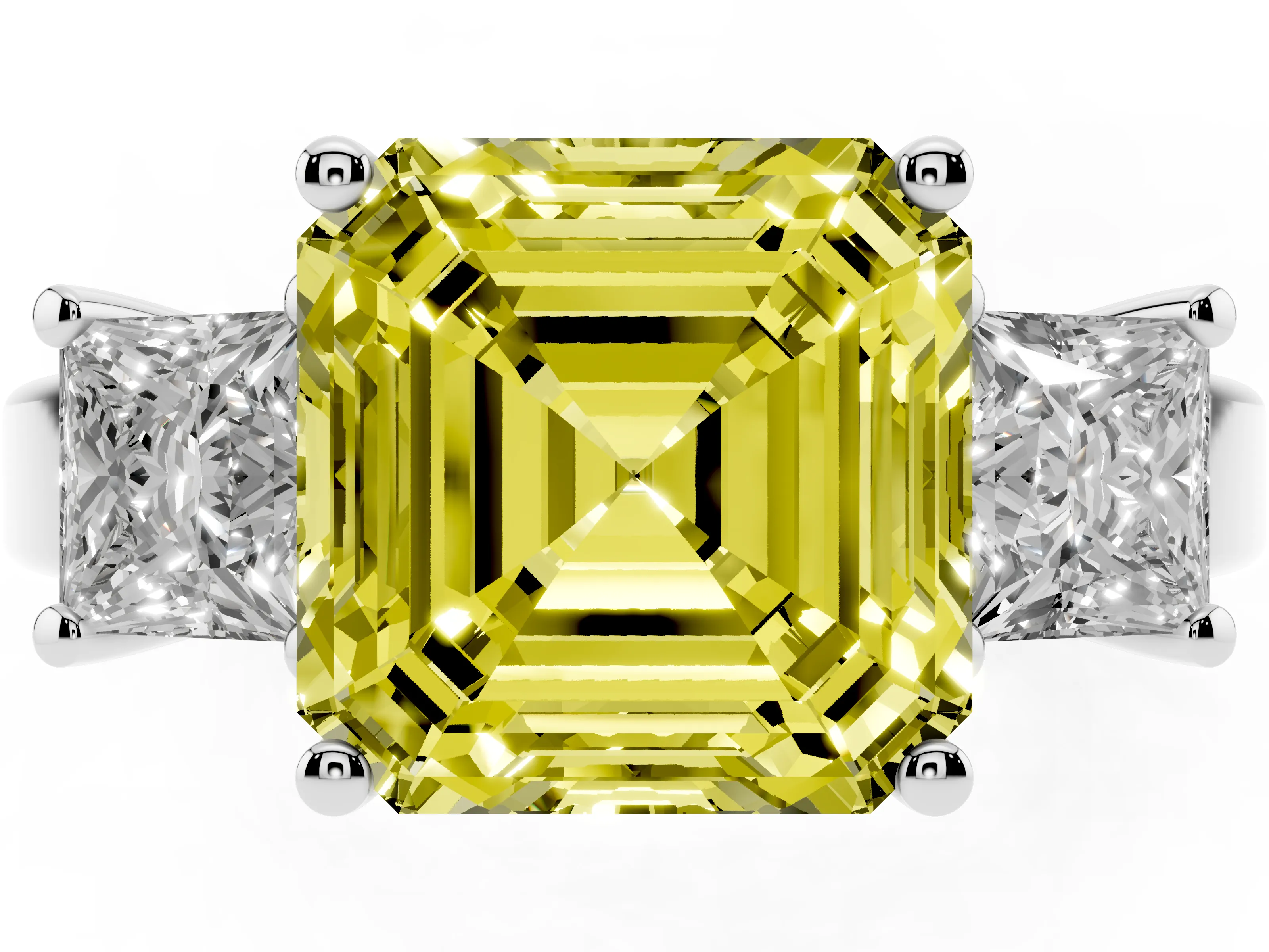 Fancy Yellow Three-Stone Asscher Cut Diamond Solitaire Ring Set in Silver with Prong Setting