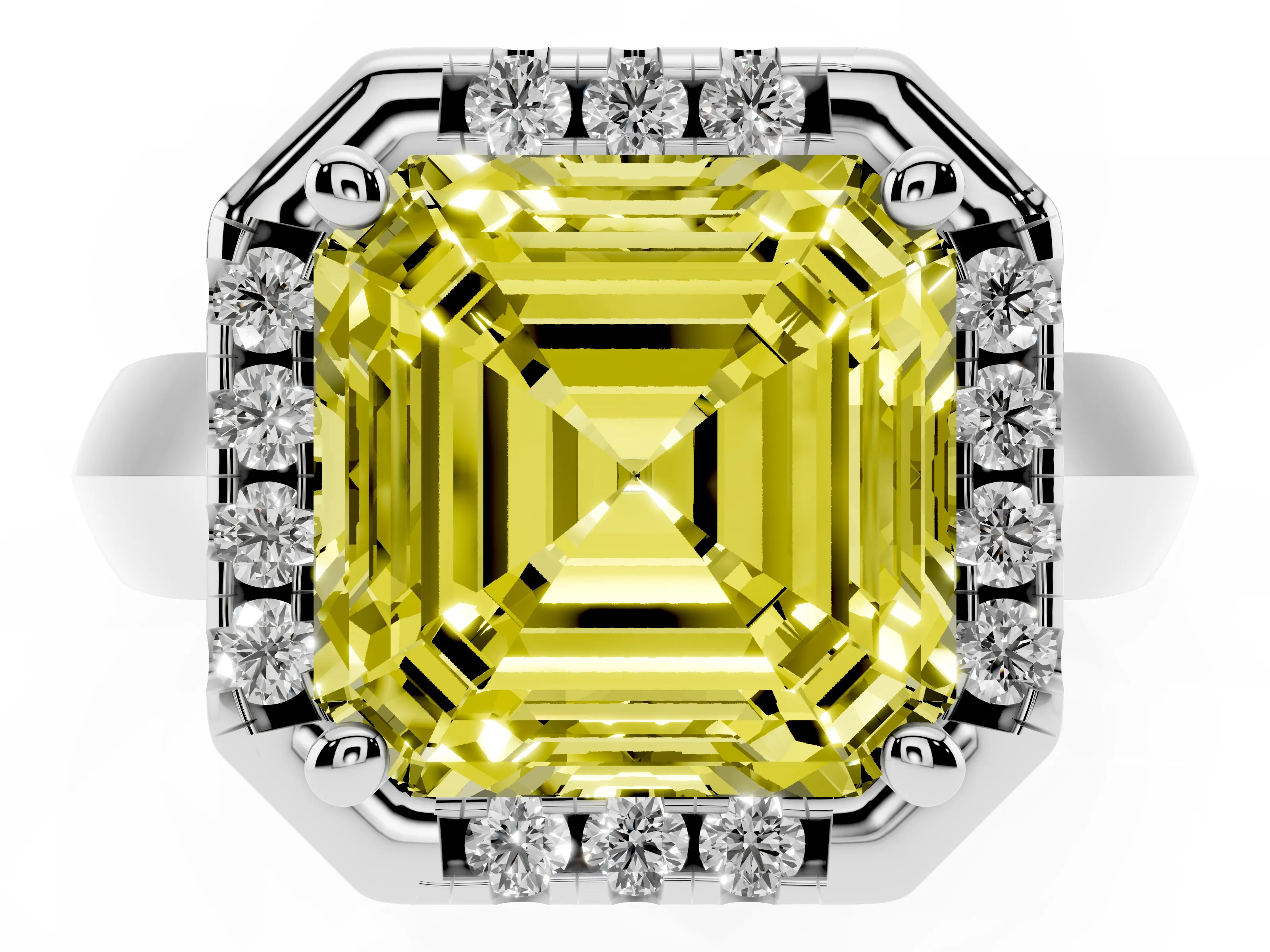 Fancy Yellow Asscher Cut Diamond Halo Solitaire Engagement Ring Set in White gold with Square Band and Prong Setting