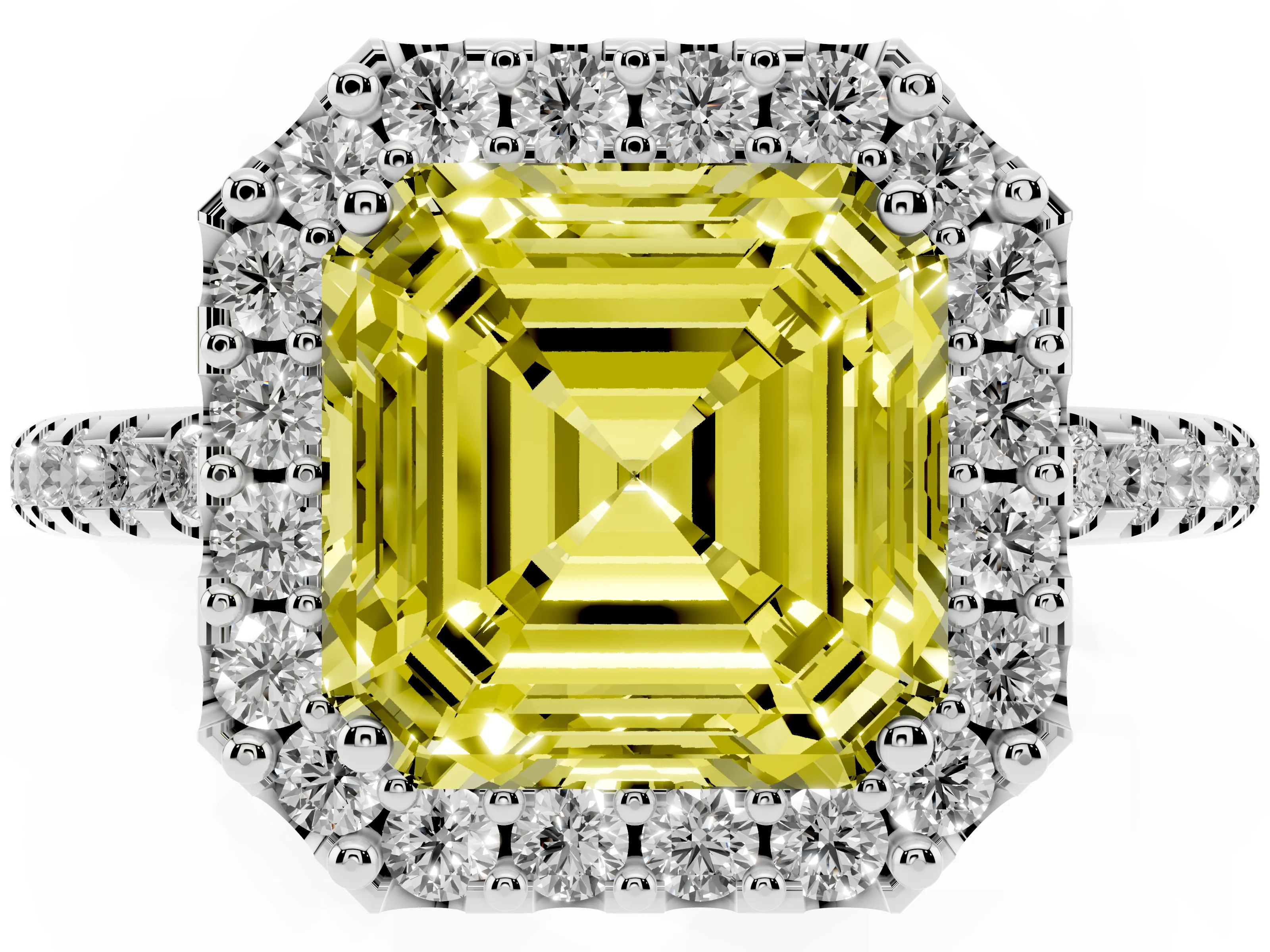 Fancy Yellow Asscher Cut Diamond Pavé Halo Ring Set in Platinum with Prong Setting