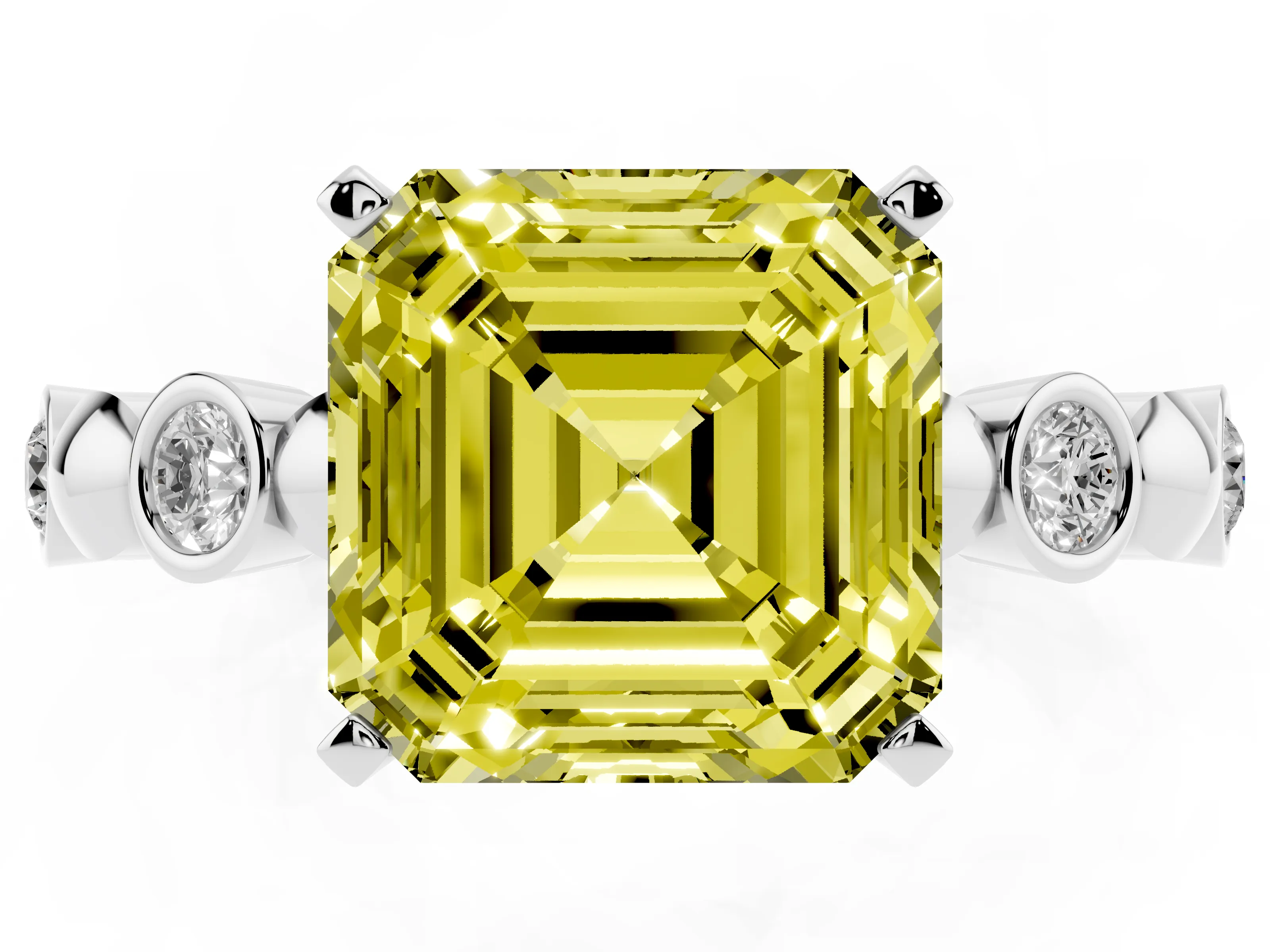Fancy Yellow Asscher Cut Diamond Solitaire Ring Set in White gold with Bezel-Set Accents on Beaded Band and Prong Setting