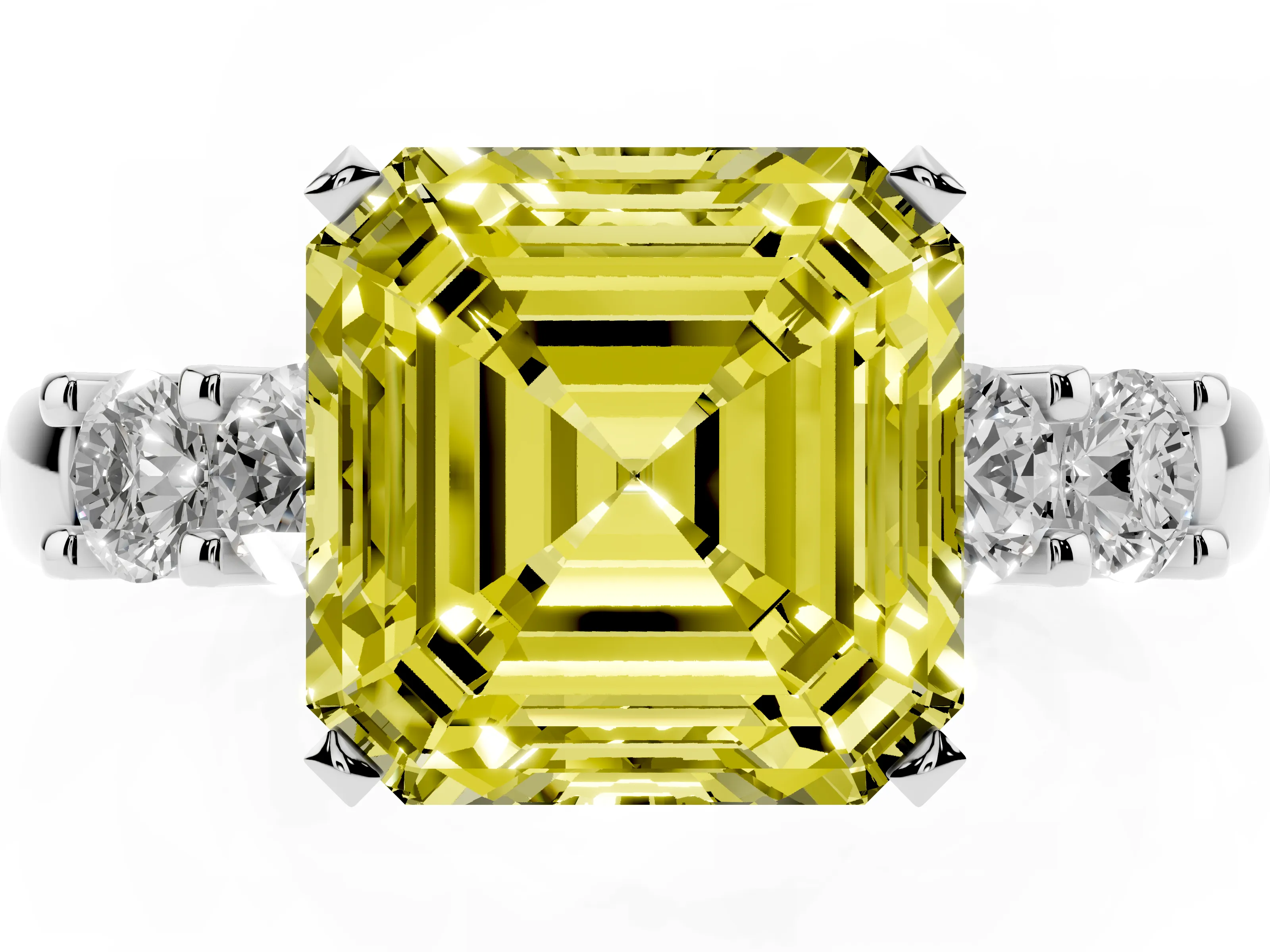 Fancy Yellow Asscher Cut Diamond Five-Stone Prong Set Engagement Ring Set in White gold with Channel Band
