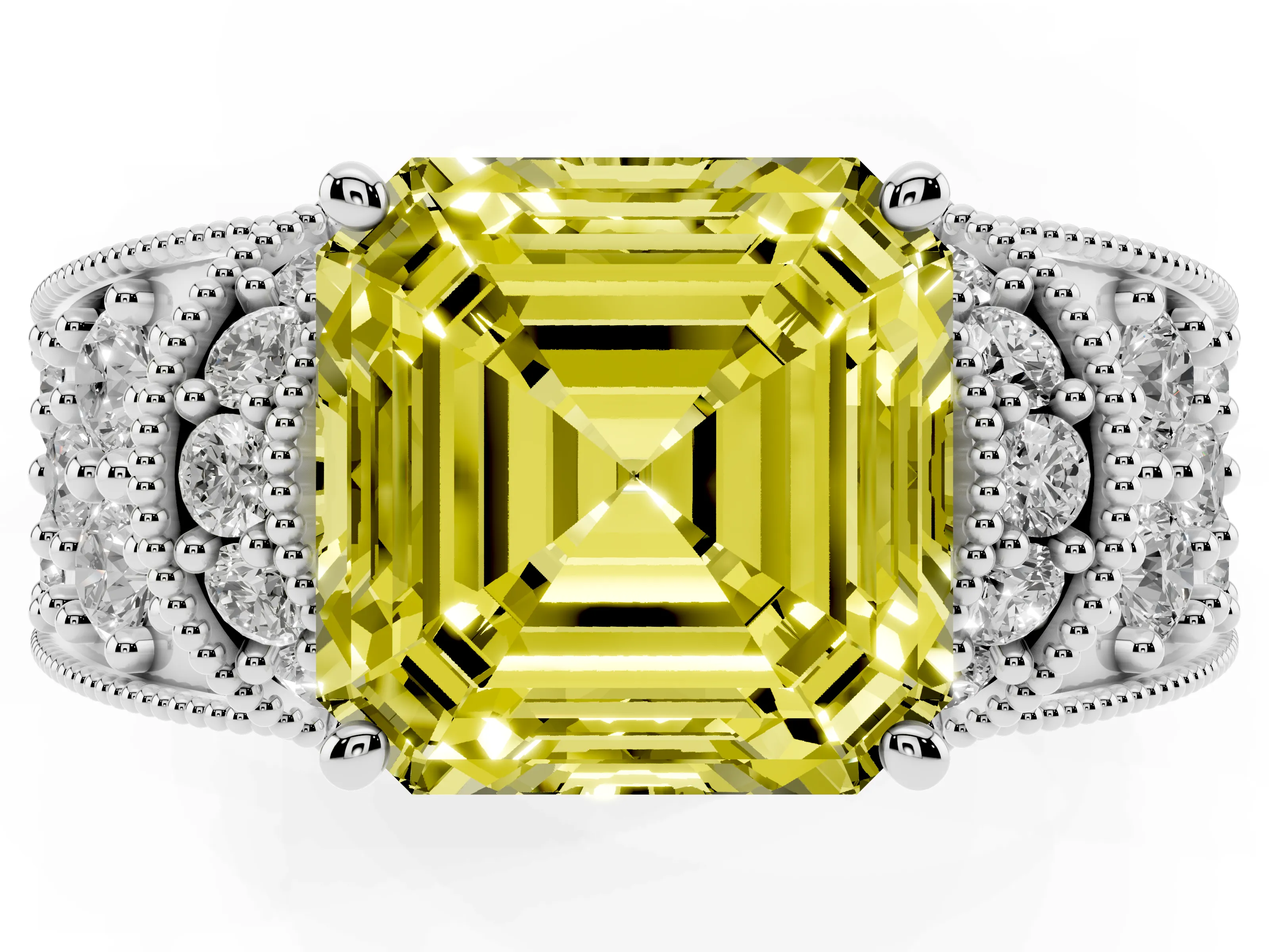 Fancy Yellow Asscher Cut Diamond Milgrain Halo Pavé Engagement Ring Set in Platinum with Prong Setting