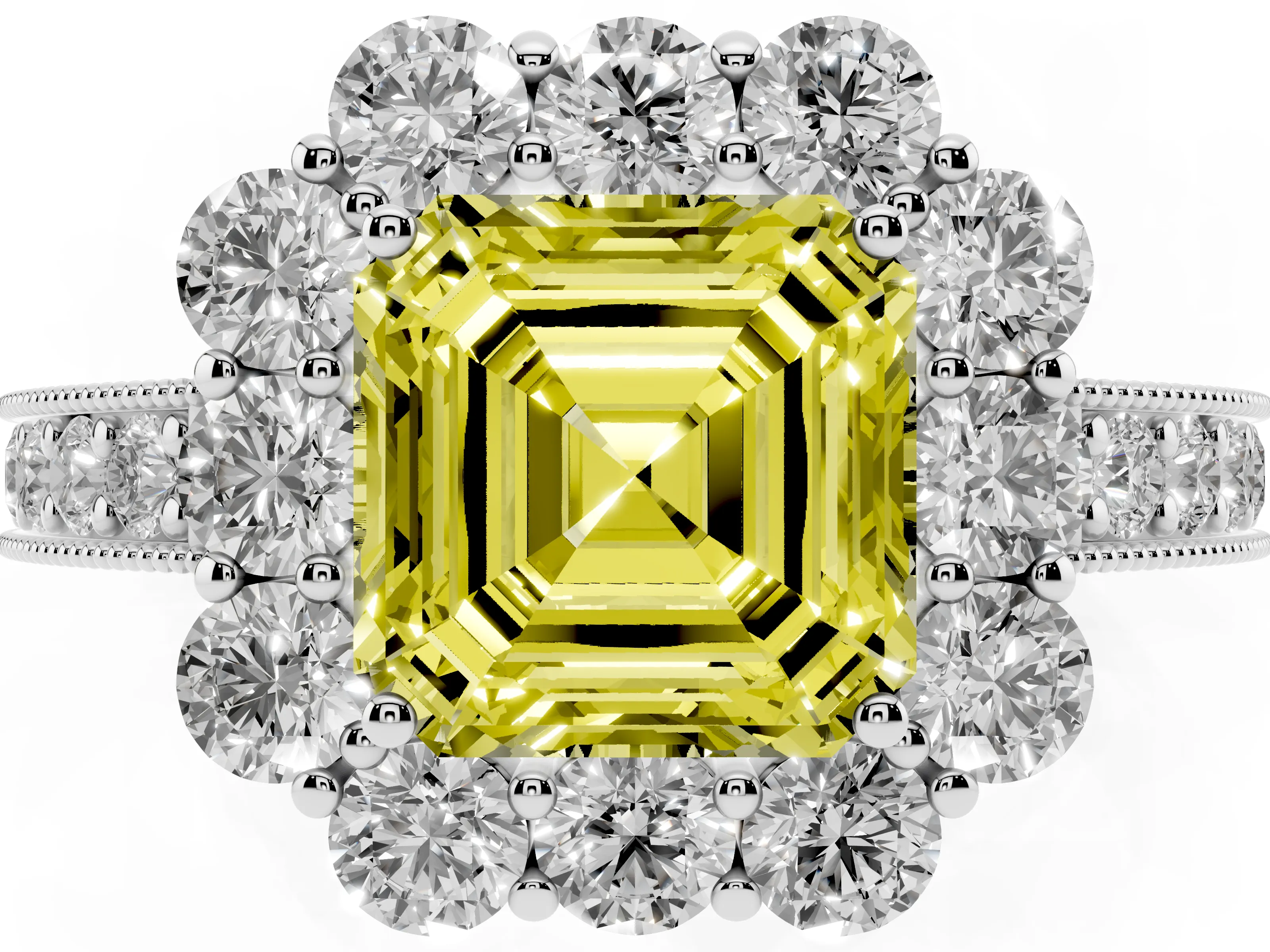 Fancy Yellow Asscher Cut Diamond Halo Pavé Engagement Ring Set in White gold with Milgrain Detailing