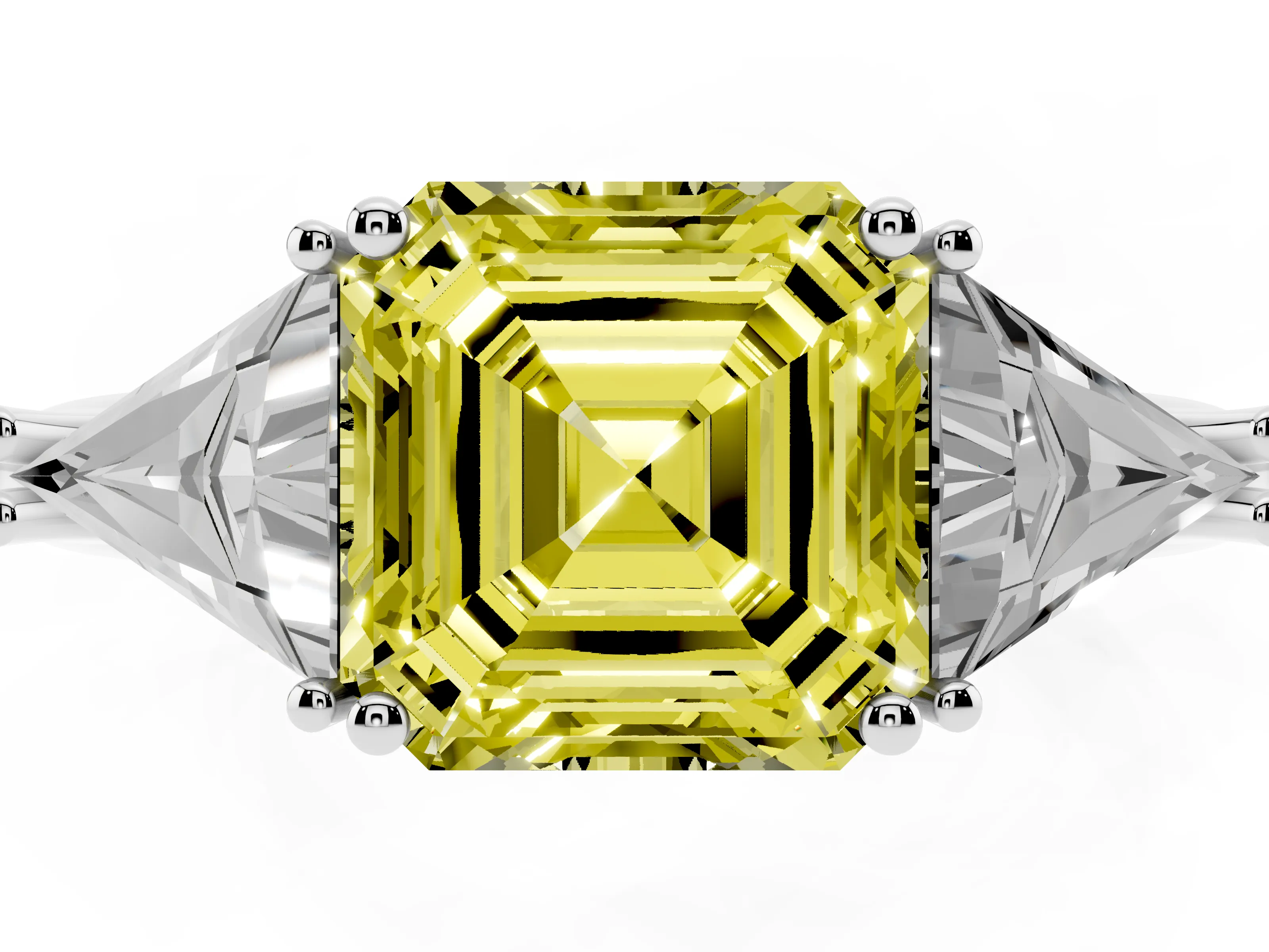 Fancy Yellow Asscher Cut Diamond Three-Stone Engagement Ring Set in White gold with Trillion Side Stones