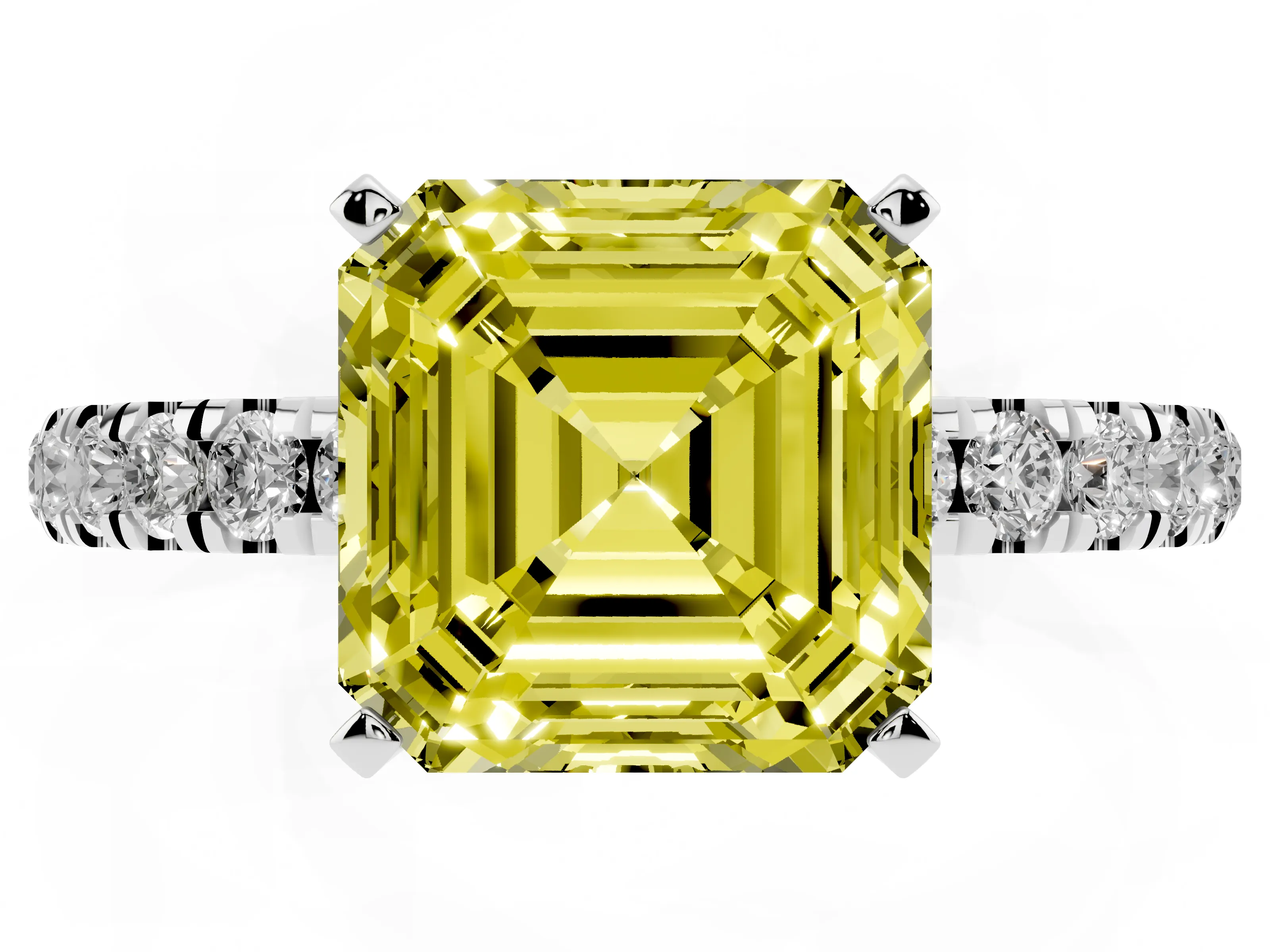 Fancy Yellow Asscher Cut Diamond Solitaire Ring Set in Platinum with Pavé Accents and Prong Setting