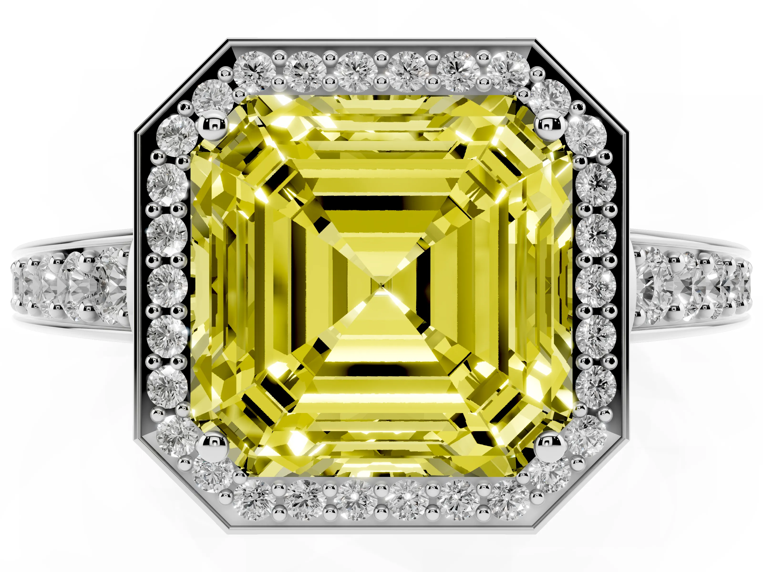 Fancy Yellow Asscher Cut Diamond Halo Pavé Engagement Ring Set in Platinum with Bezel Setting