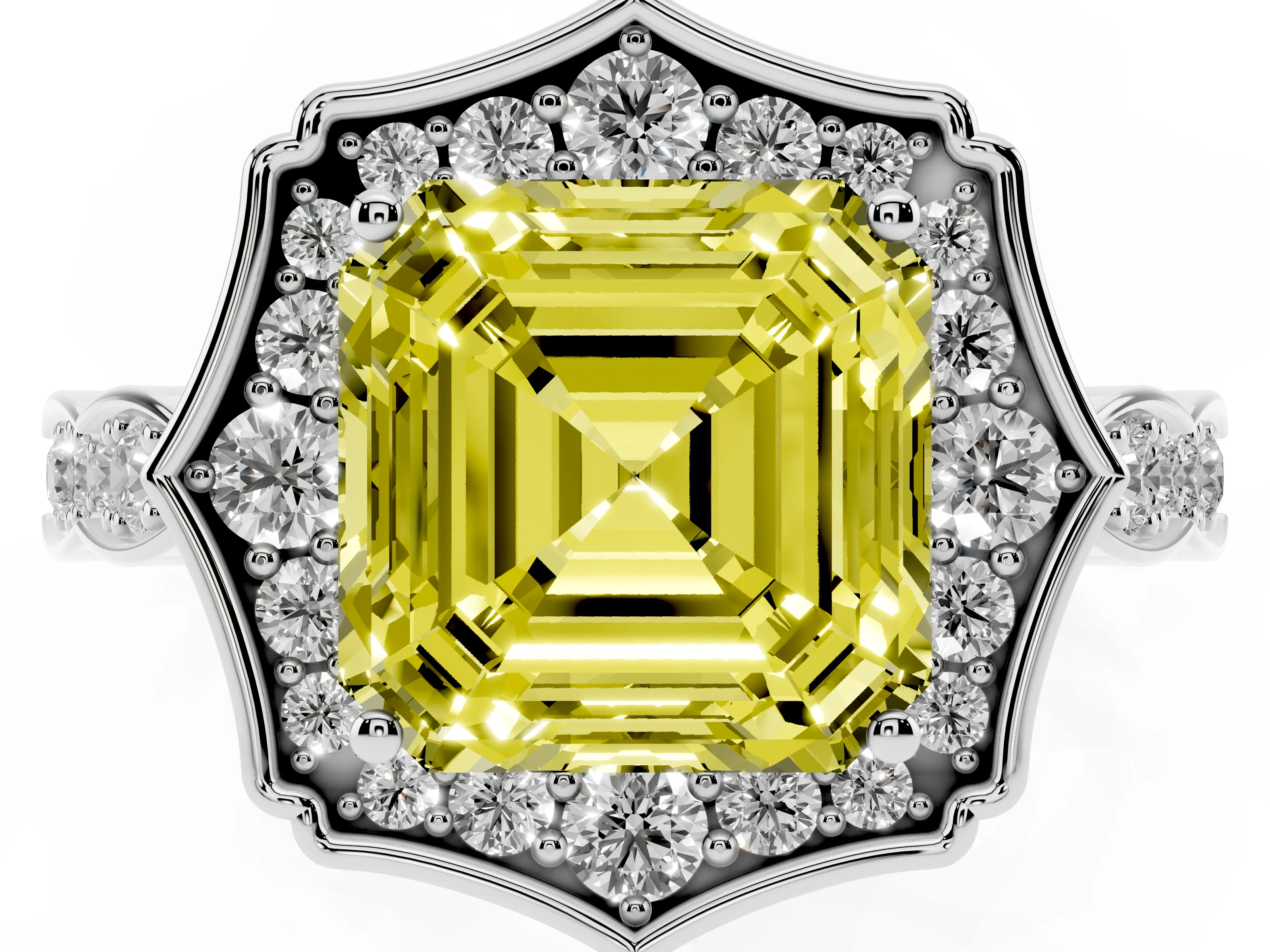 Fancy Yellow Asscher Cut Diamond Halo Engagement Ring Set in Platinum with Milgrain Band and Prong Setting
