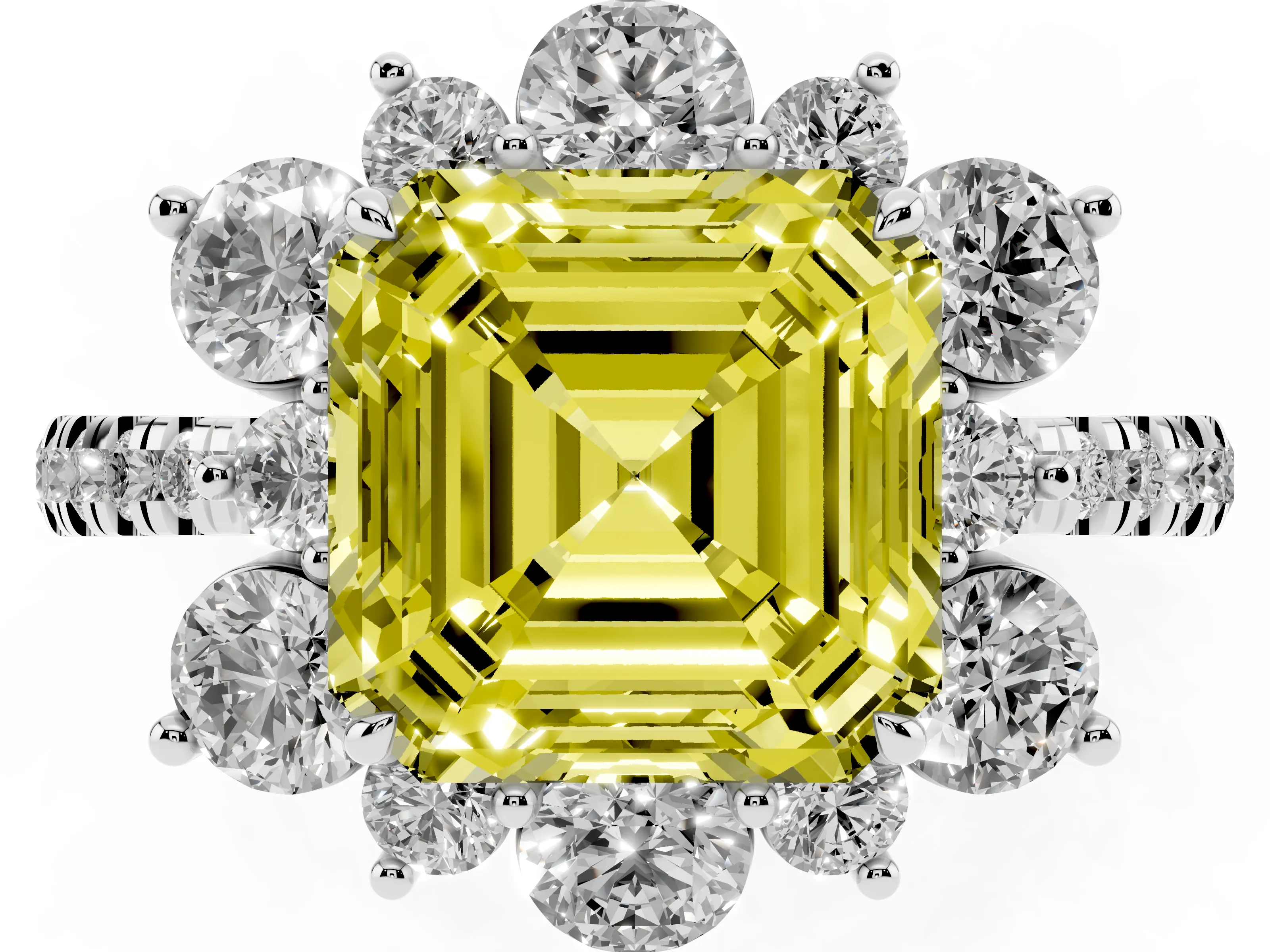 Fancy Yellow Asscher Cut Diamond Floral Halo Ring Set in White gold with Round Pavé Band and Prong Setting