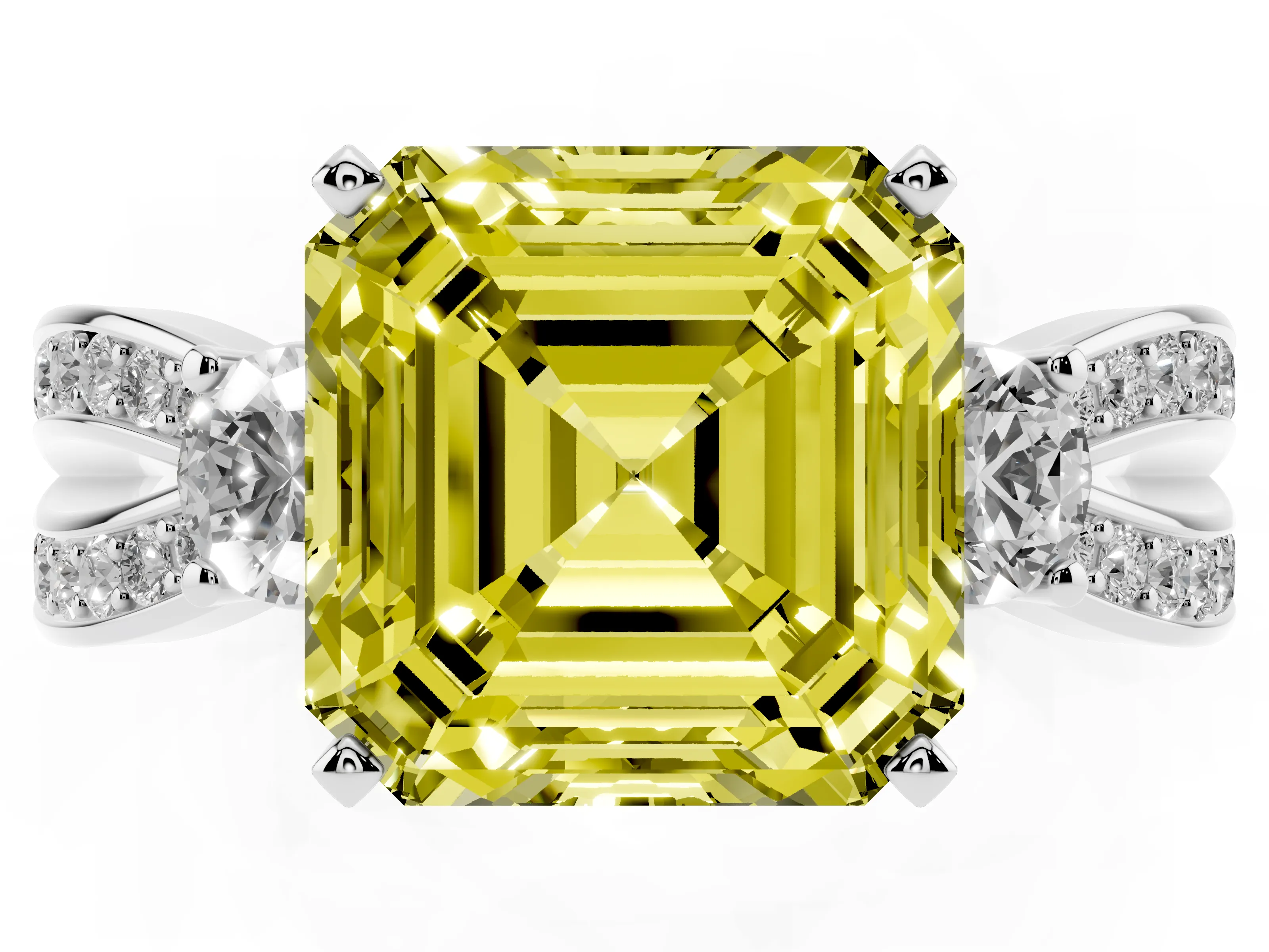 Fancy Yellow Three-Stone Asscher Cut Diamond Twist Band Ring Set in Platinum with Pavé Accents and Prong Setting