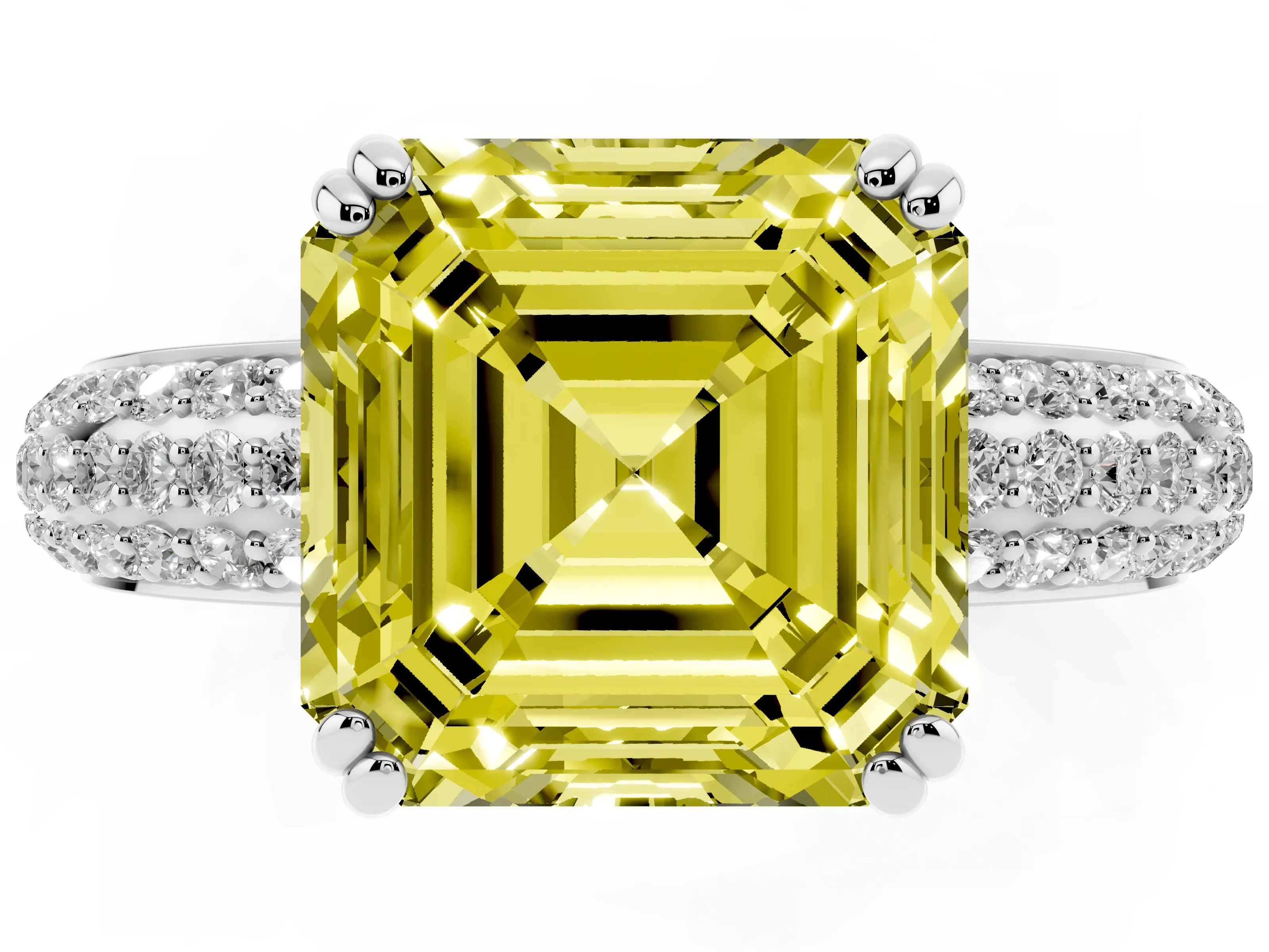 Fancy Yellow Asscher Cut Diamond Solitaire Ring Set in Platinum with Multi-Row Round Pavé Band and Prong Setting