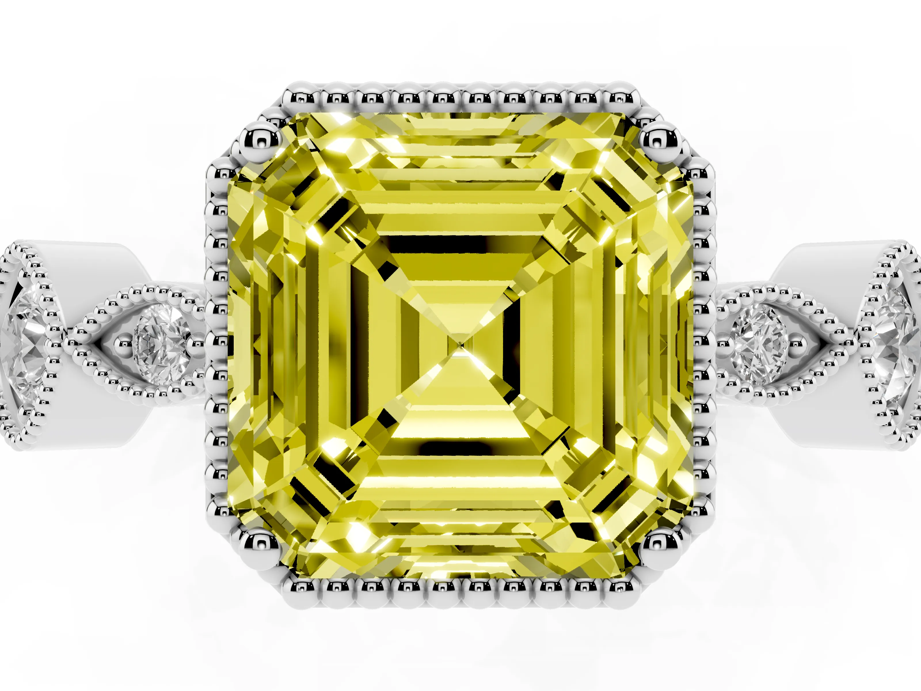Fancy Yellow Asscher Cut Diamond Vintage-Inspired Milgrain Ring Set in White gold with Marquise Stations of Round Accents