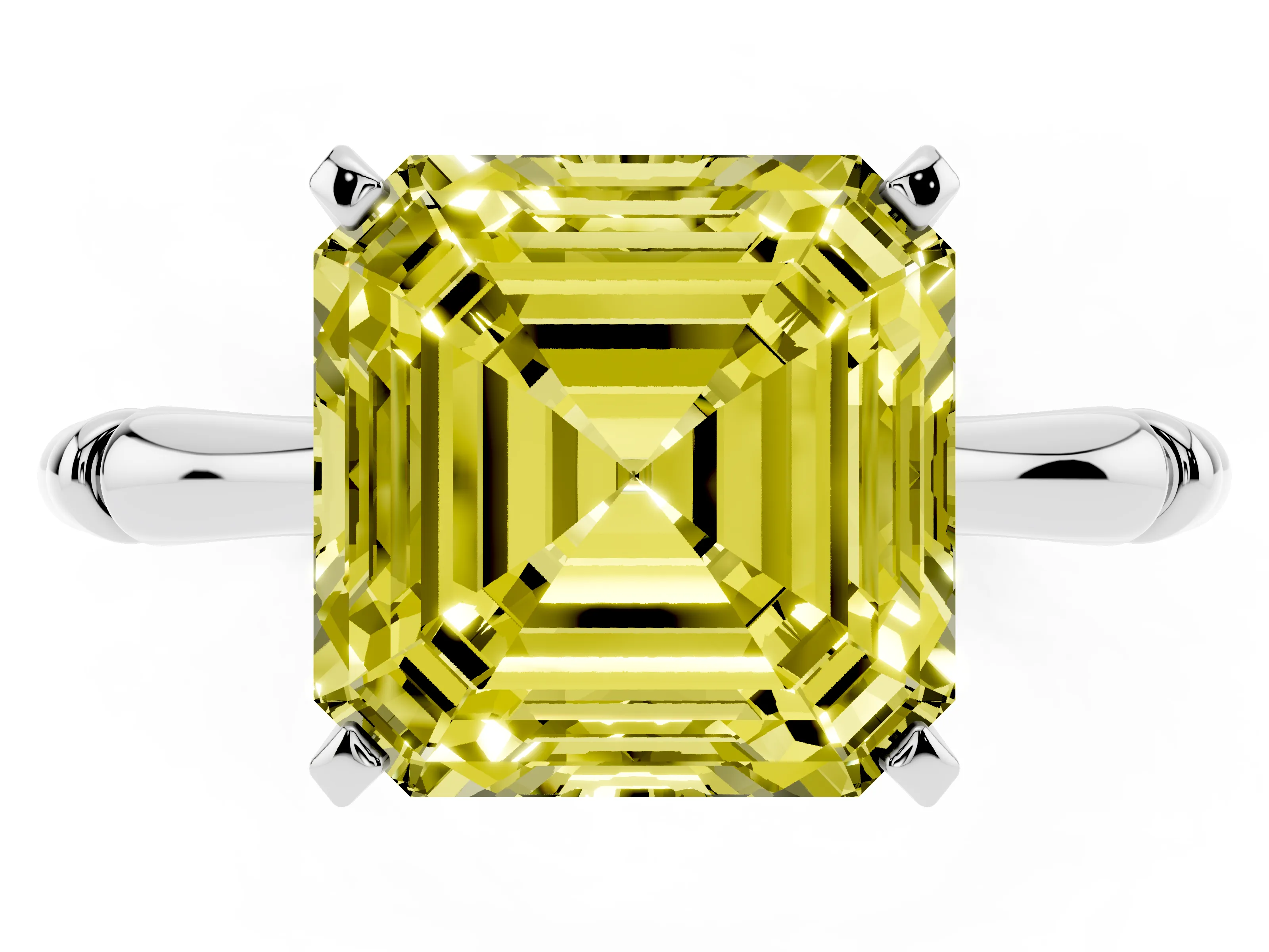 Fancy Yellow Asscher Cut Diamond Solitaire Ring Set in Platinum with Bamboo Band and Prong Setting