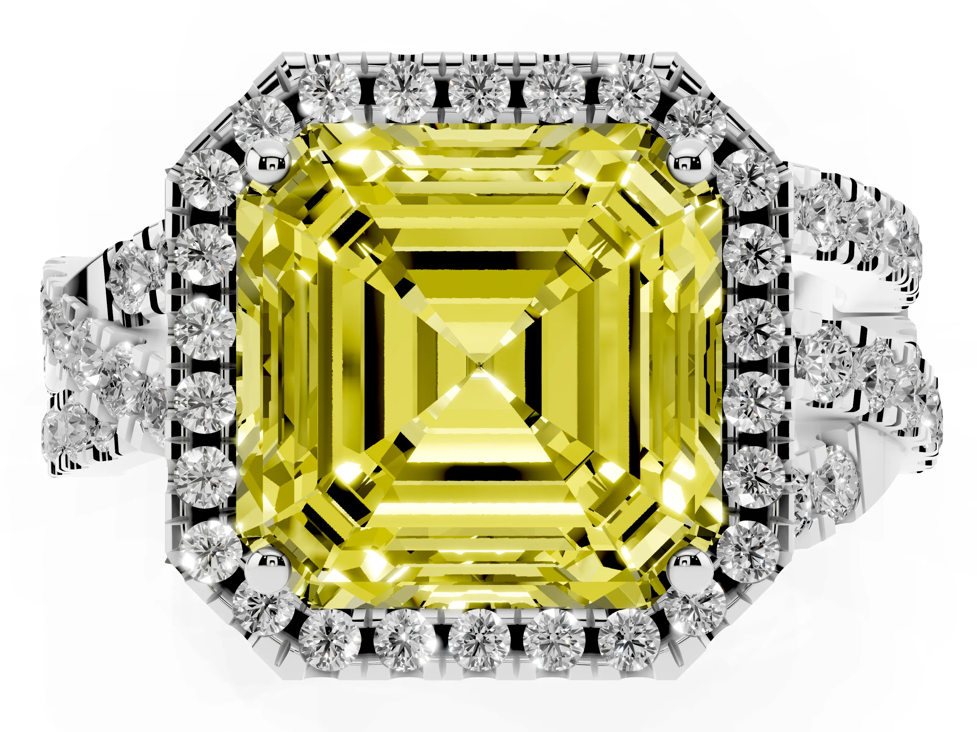 Fancy Yellow Asscher Cut Diamond Halo Ring Set in Platinum with Round Crossover Split Shank and Prong Setting