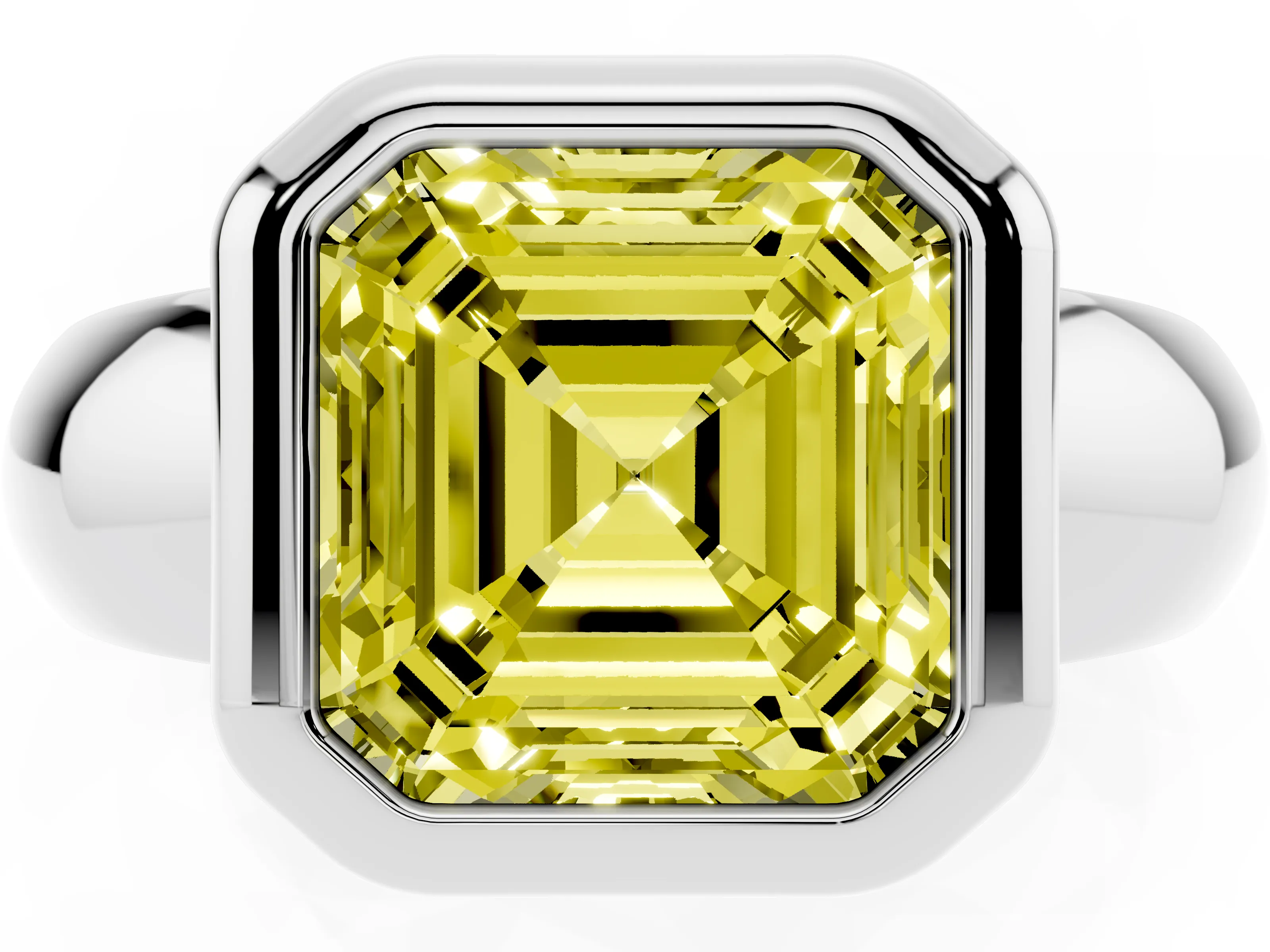 Fancy Yellow Bezel Set Asscher Cut Diamond Solitaire Ring Set in Platinum with Wide Band